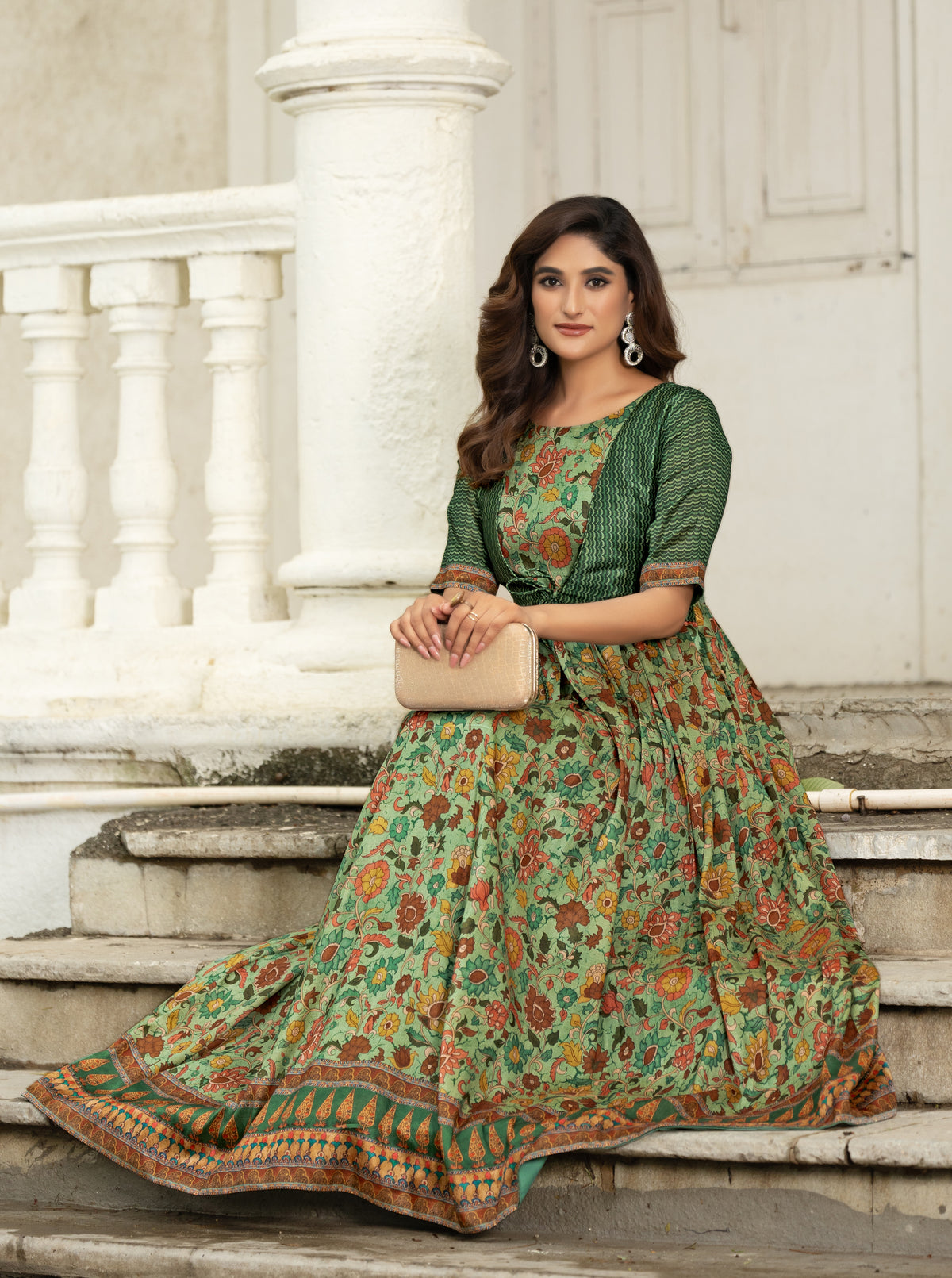 Olive Green Silk Blend Kalamkari Floral Gown with Attached Textured Jacket & Front Dori Tie-Up