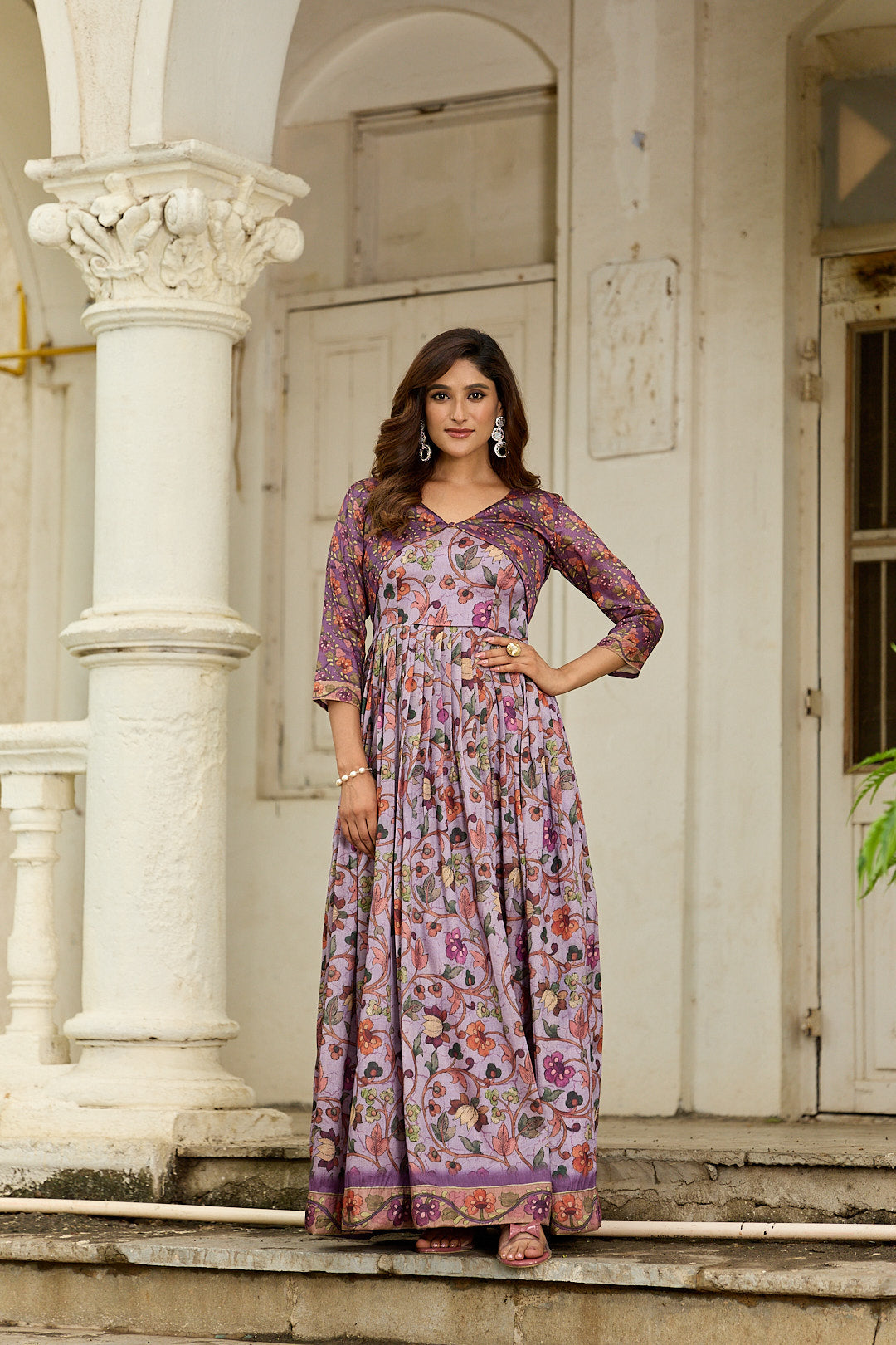 Lavender Kalamkari & Patola Print Silk Blend Elegant Gown with Attached Jacket Style Bodice