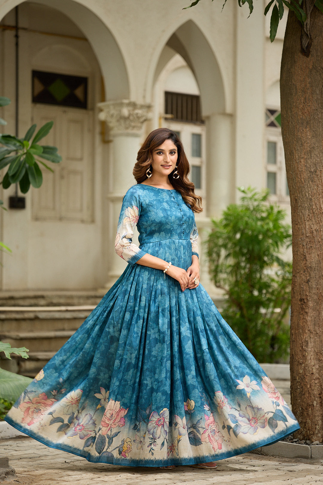 Teal Blue Silk Blend Gown featuring Delicate Floral Prints & Buttoned Bodice