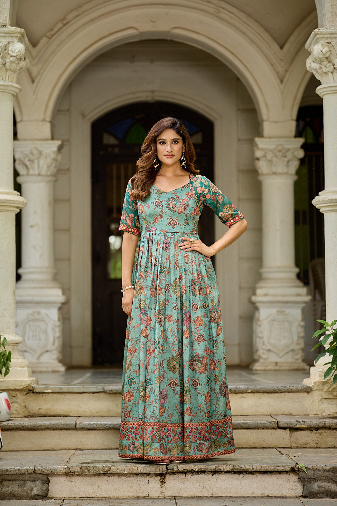 Sea Green Silk Blend Angarkha Style Gown featuring Delicate Floral Prints