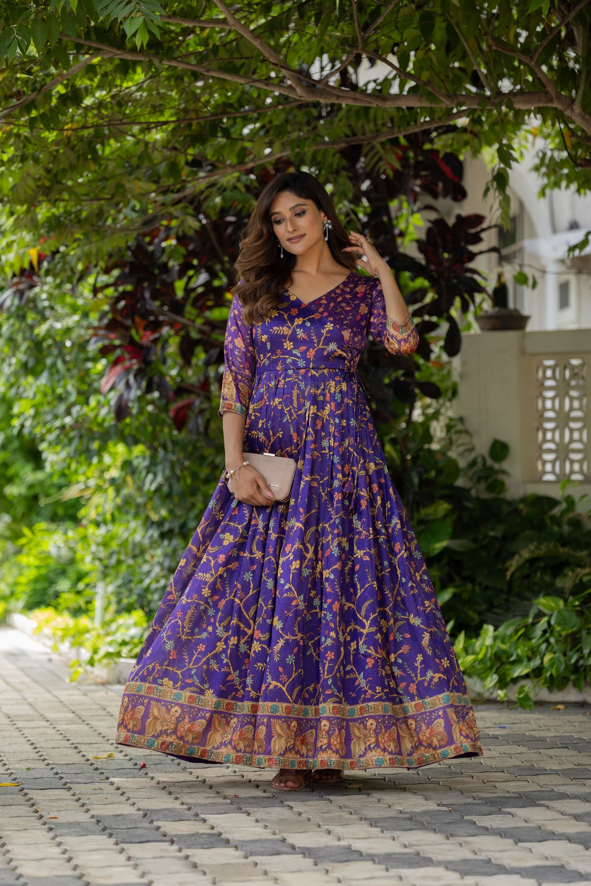 Purple Silk Blend Angarkha Style Gown featuring Delicate Floral Prints & Paithani Border