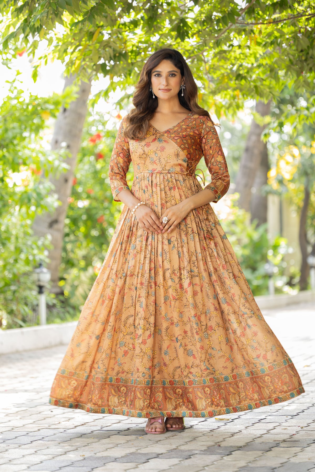 Beige Kalamkari & Patola Print Silk Blend Elegant Gown with Attached Jacket Style Bodice