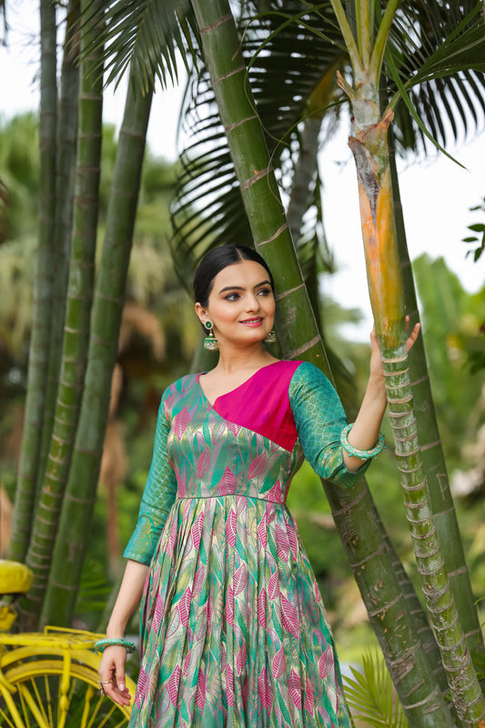 Green V Neck Soft Silk Copper Banarasi Weaving Gown