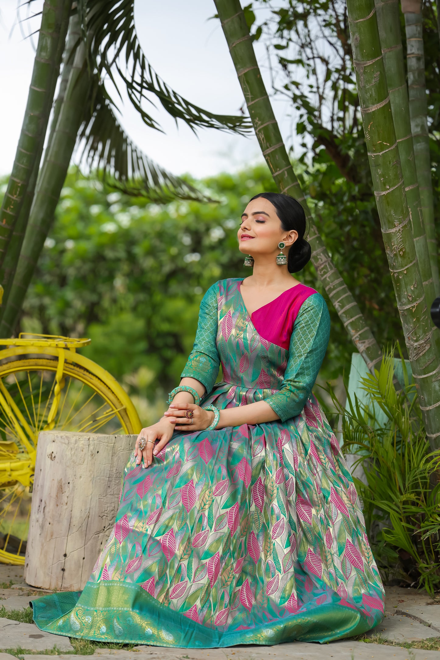 Green V Neck Soft Silk Copper Banarasi Weaving Gown