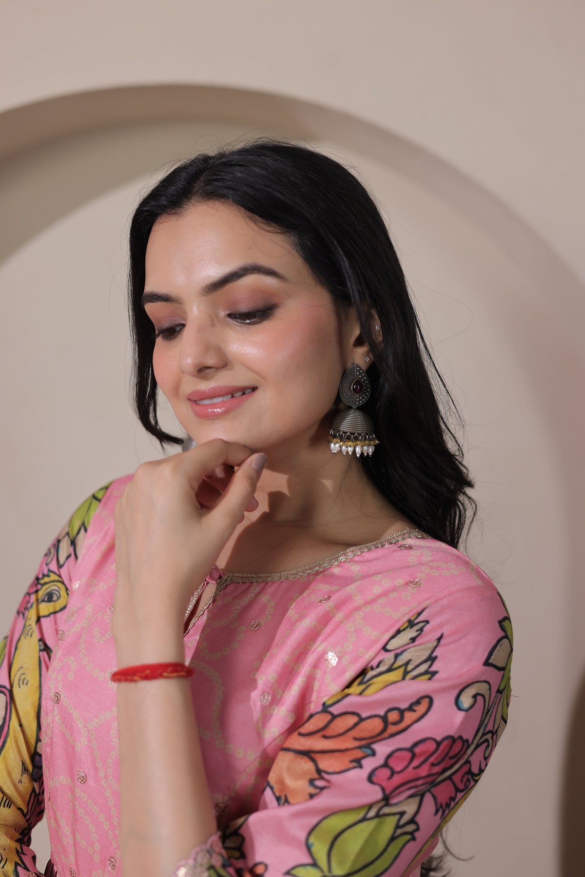 Pink Tussar Silk Flared Gown with Delicate Kalamkari Floral & Peacock Print