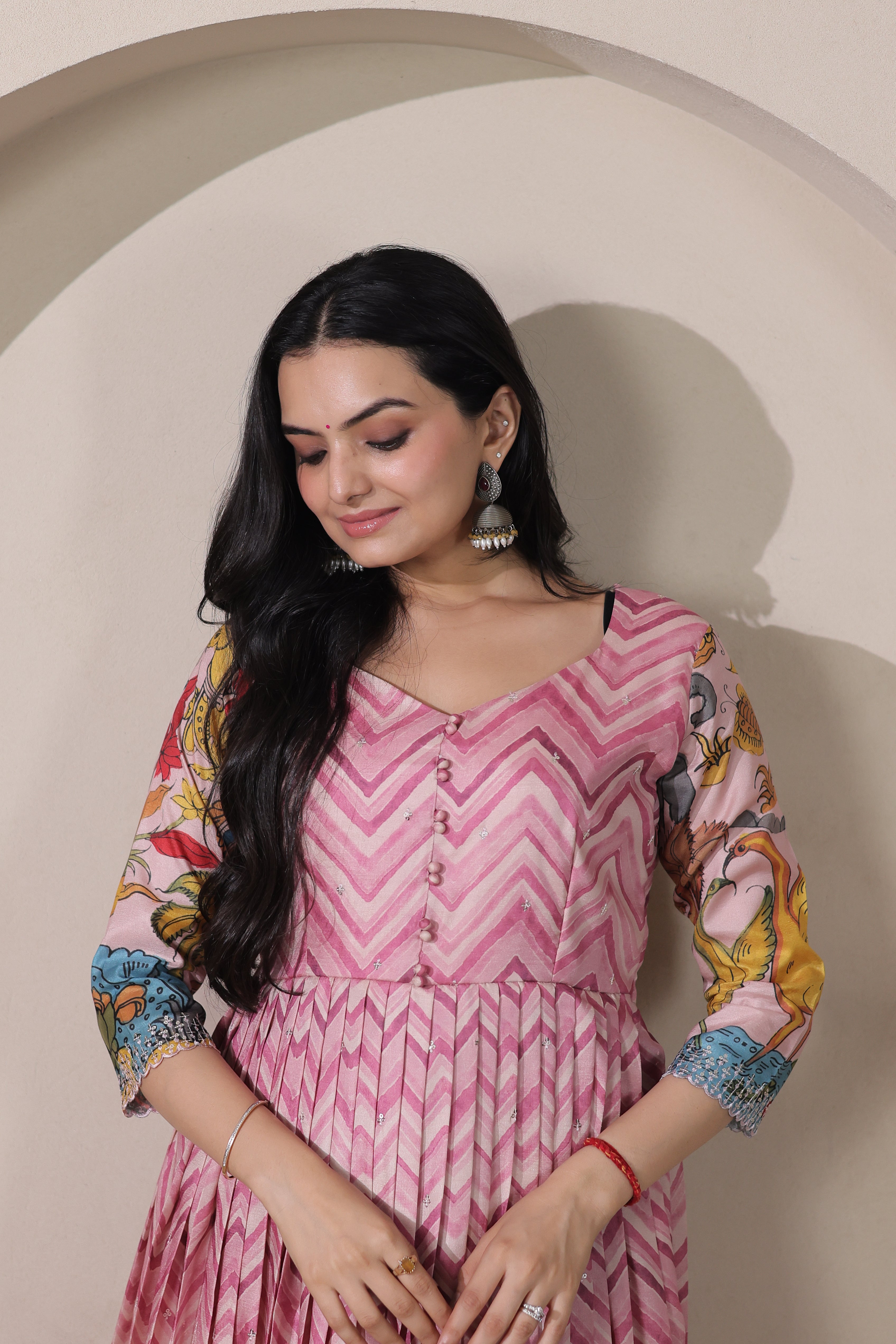 Pink Tussar Silk Flared Gown with Chevron Print & Kalamkari Animal Art Border