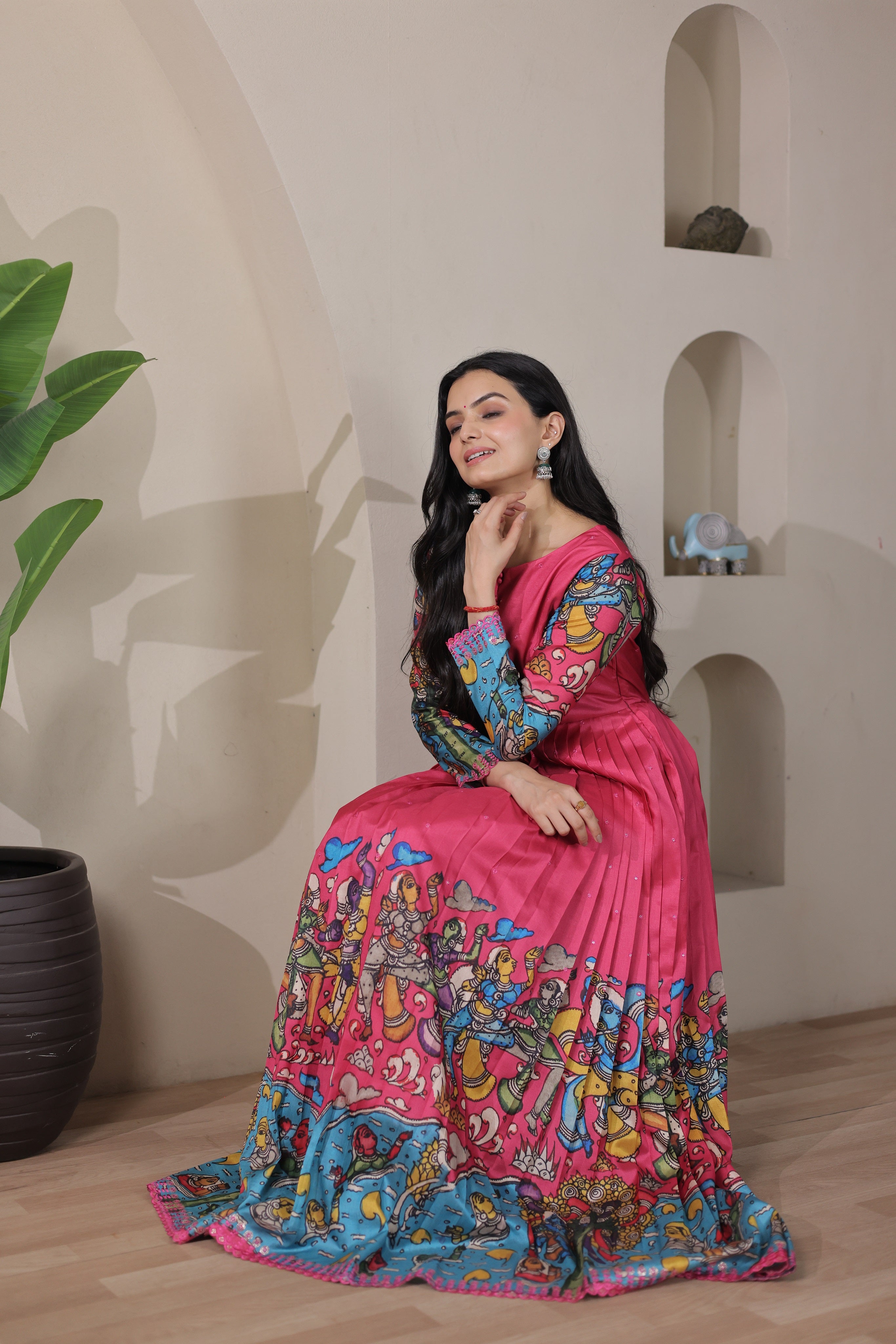 Mustard Yellow Tussar Silk Flared Gown with Kalamkari Figurative Art Border & Potli Buttons (Copy)