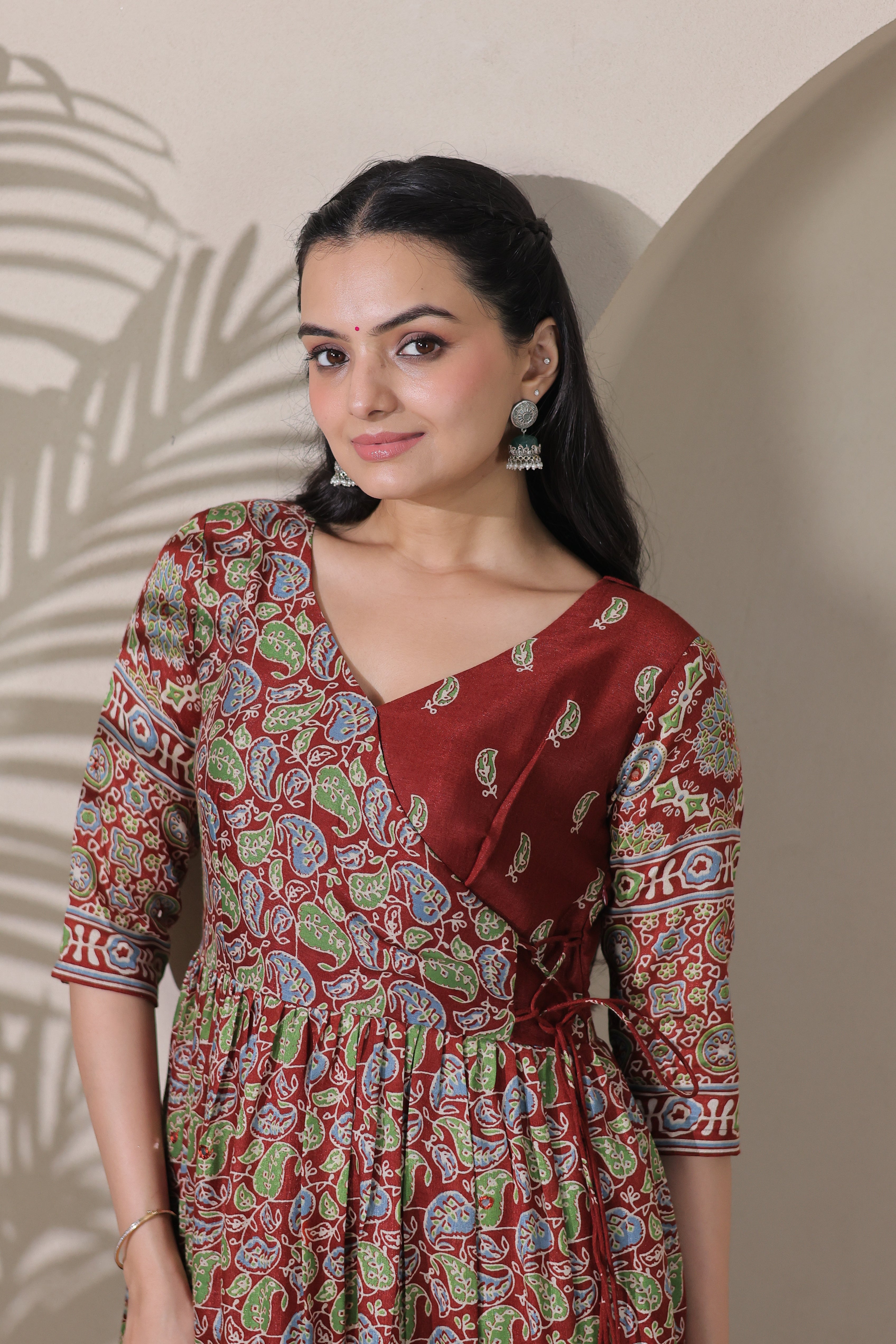 Maroon Red Silk Blend Tiered Angarakha Gown with Kalamkari Ajrakh Print