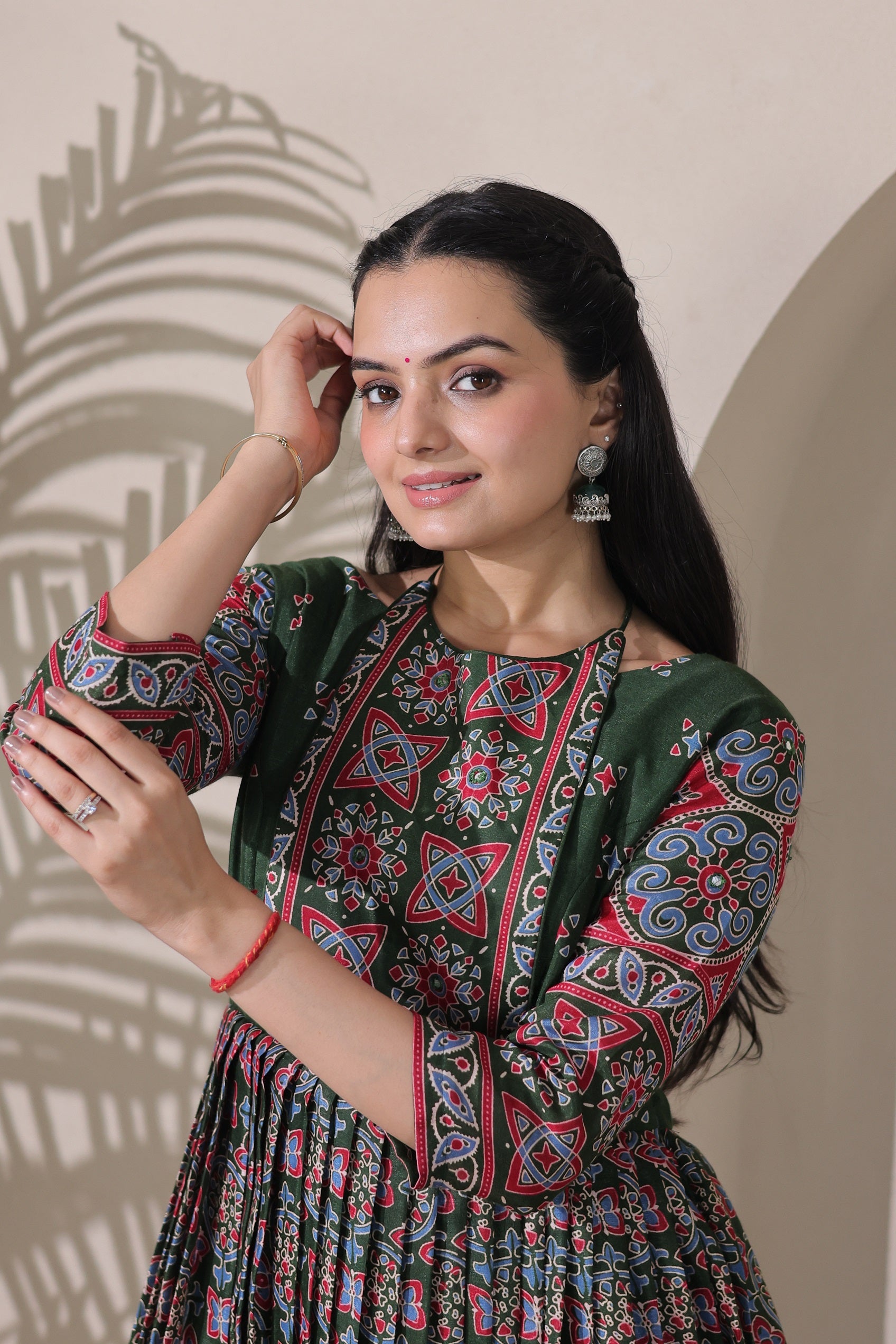 Bottle Green Silk Blend Flared Gown with Geometric Ajrakh Floral Print