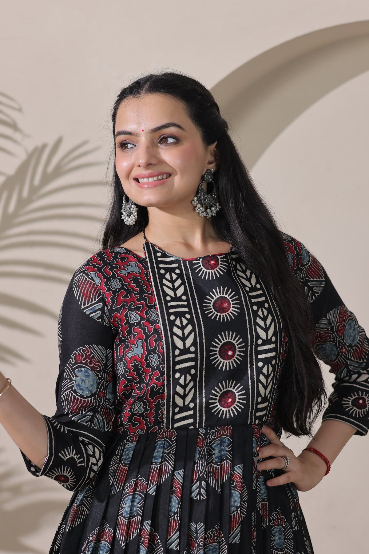 Black Silk Blend Flared Gown with Geometric Batik & Ajrakh Print Yoke