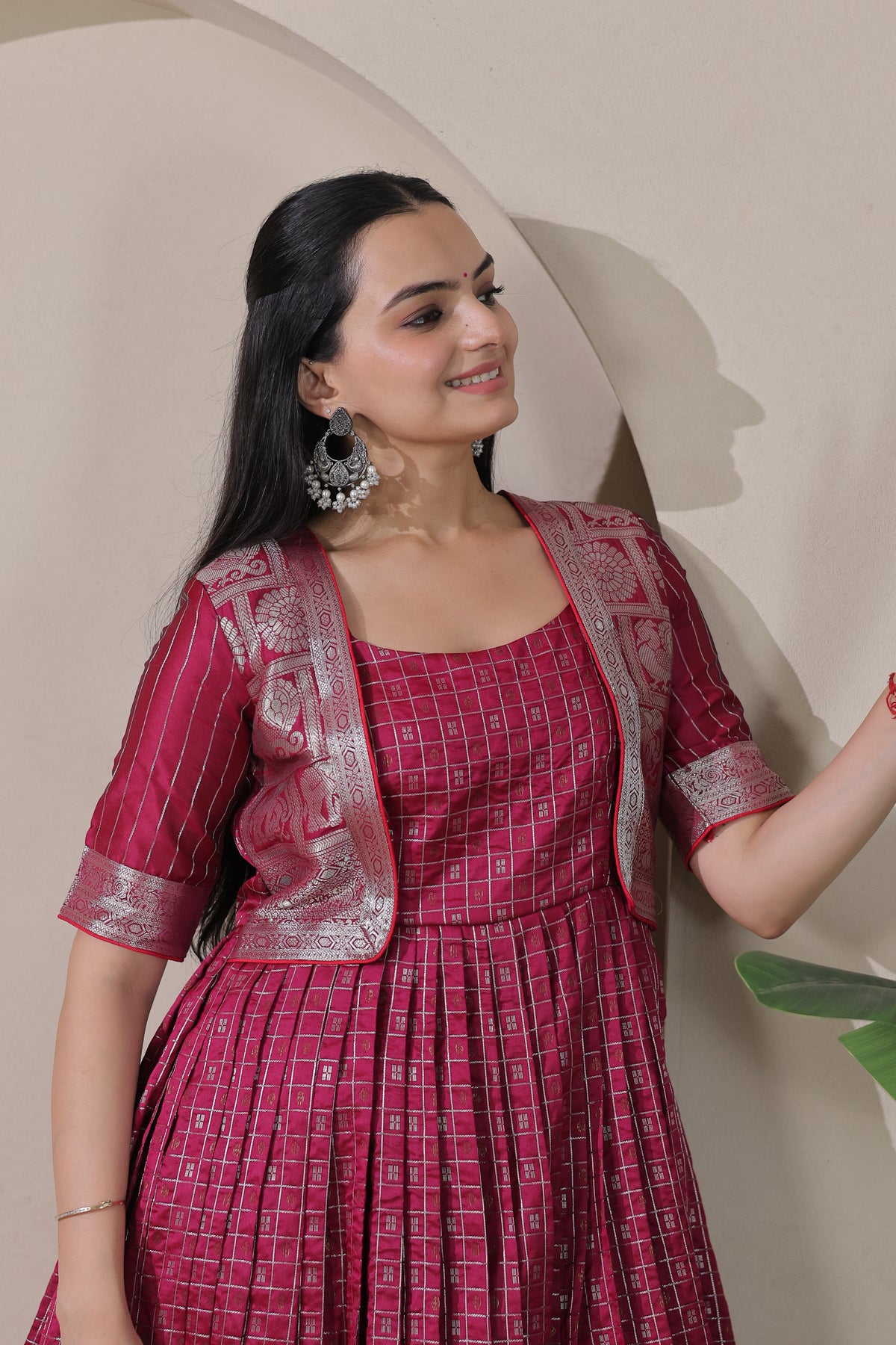 Wine Pink Woven Silk Flared Gown with Attached Brocade Jacket Look & Rich Silver Zari Woven Border