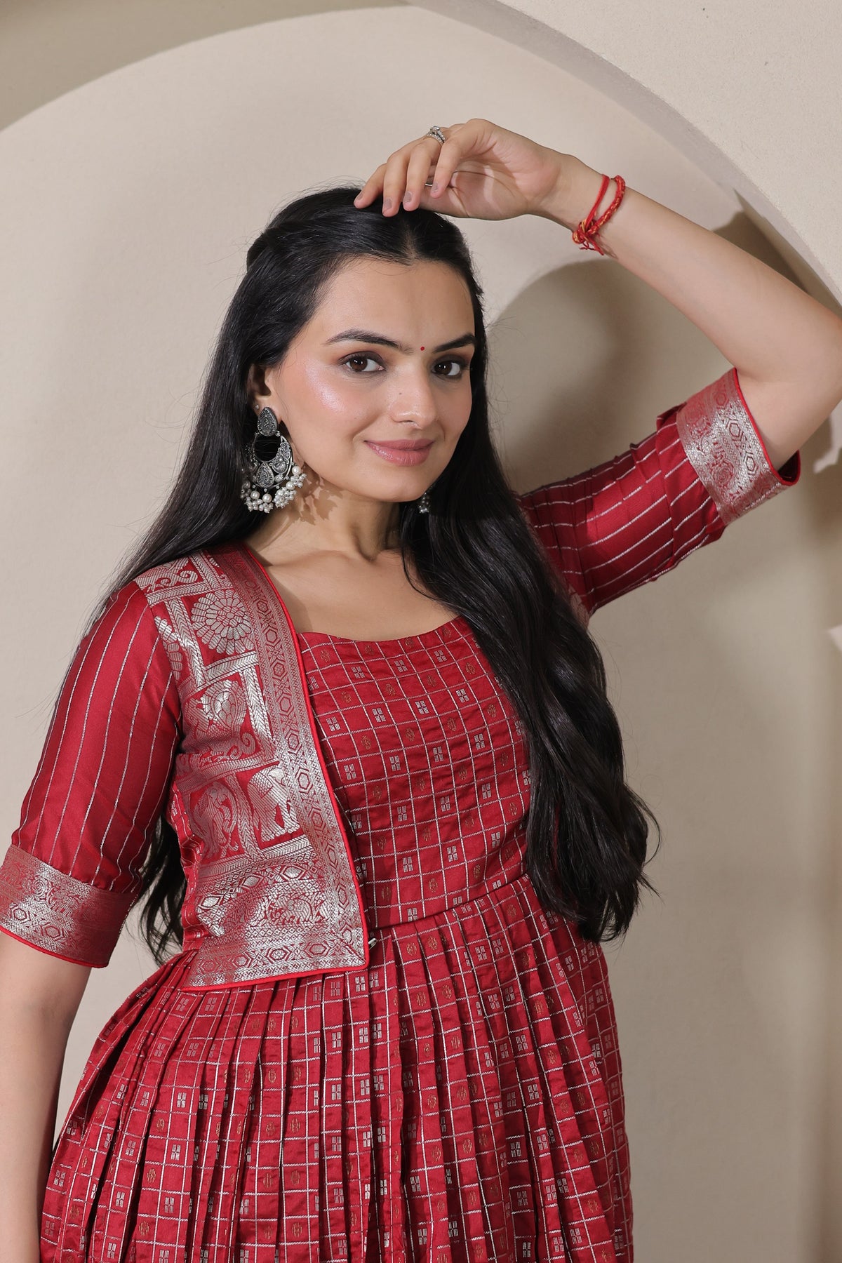 Maroon Red Woven Silk Flared Gown with Attached Brocade Jacket Look & Rich Silver Zari Woven Border