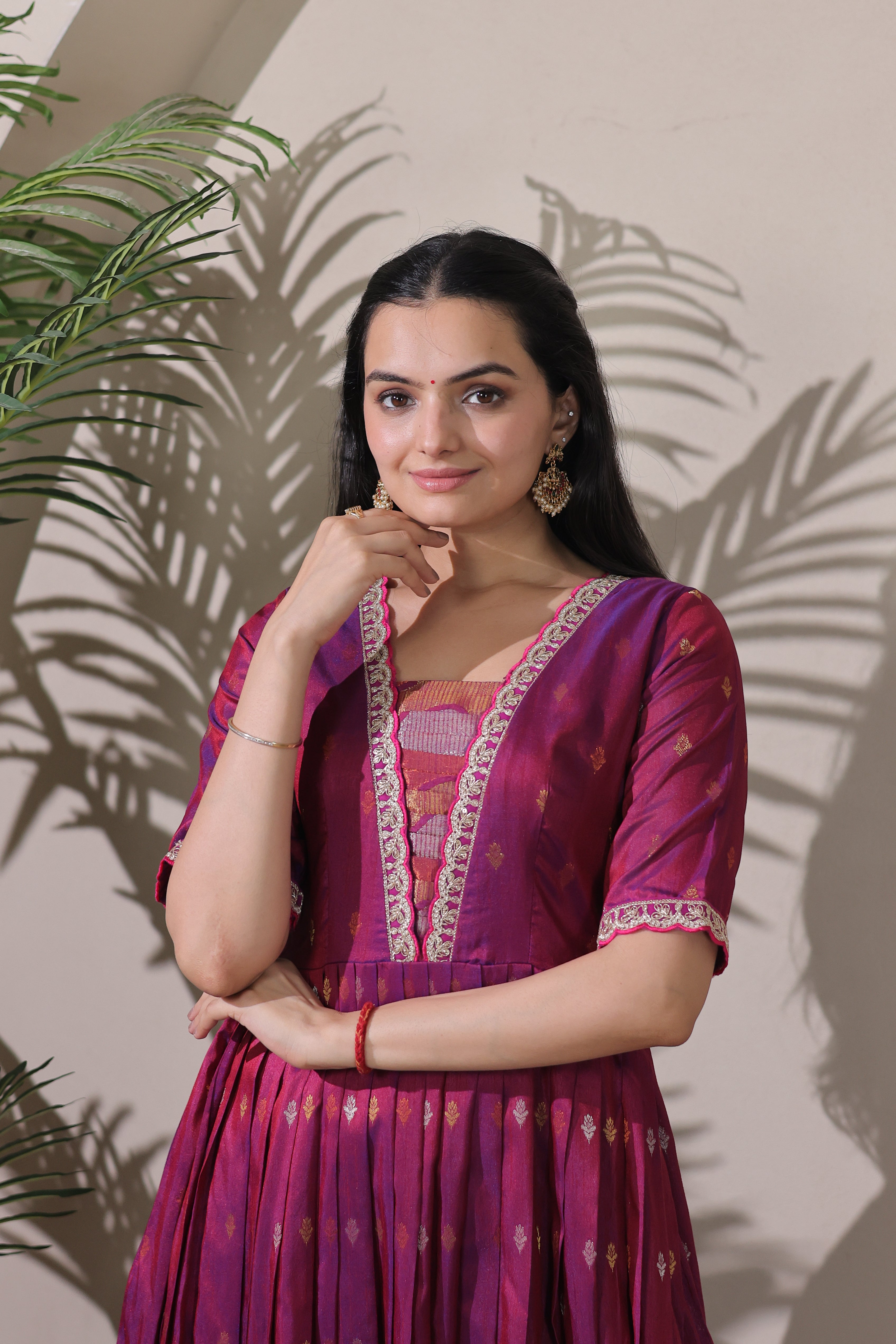 Magenta Silk Blend Woven Butti Gown with Delicate Embroidered Lace Neckline