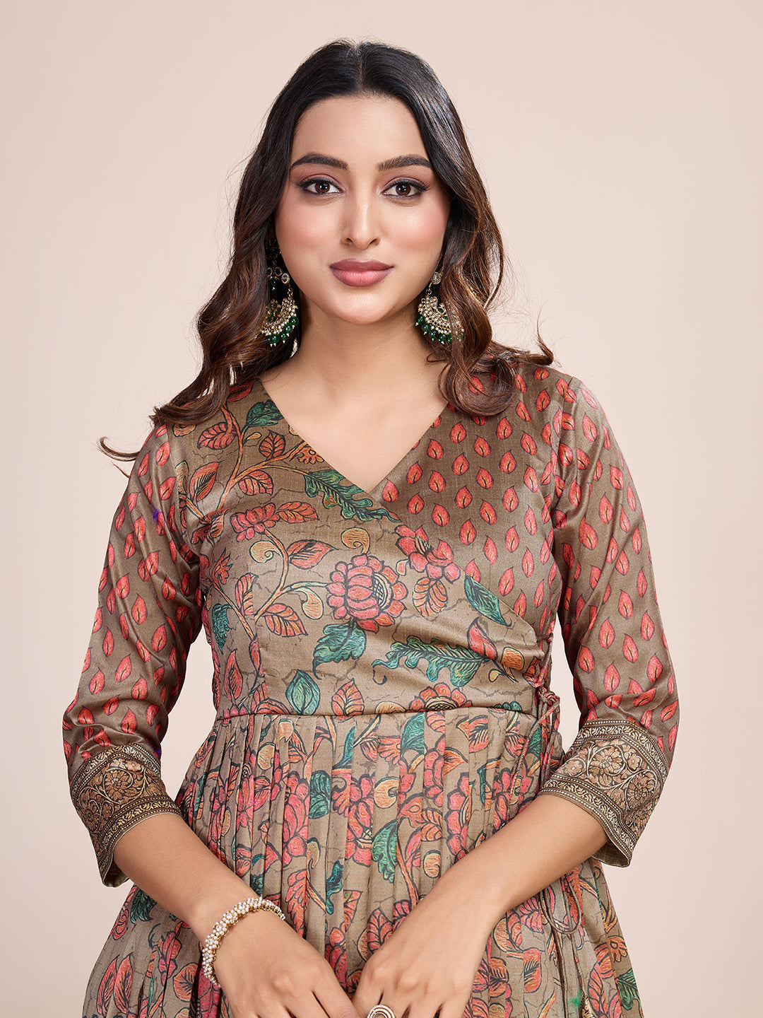 Taupe Grey Kalamkari Floral Print Silk Blend Anarkali Gown with Delicate Border