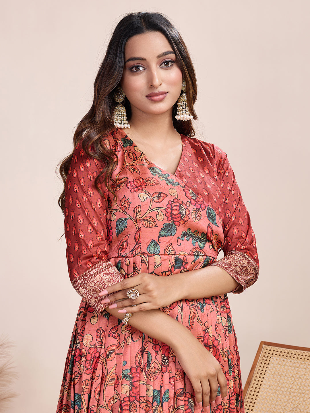 Rust Orange Kalamkari Floral Print Silk Blend Anarkali Gown with Delicate Border