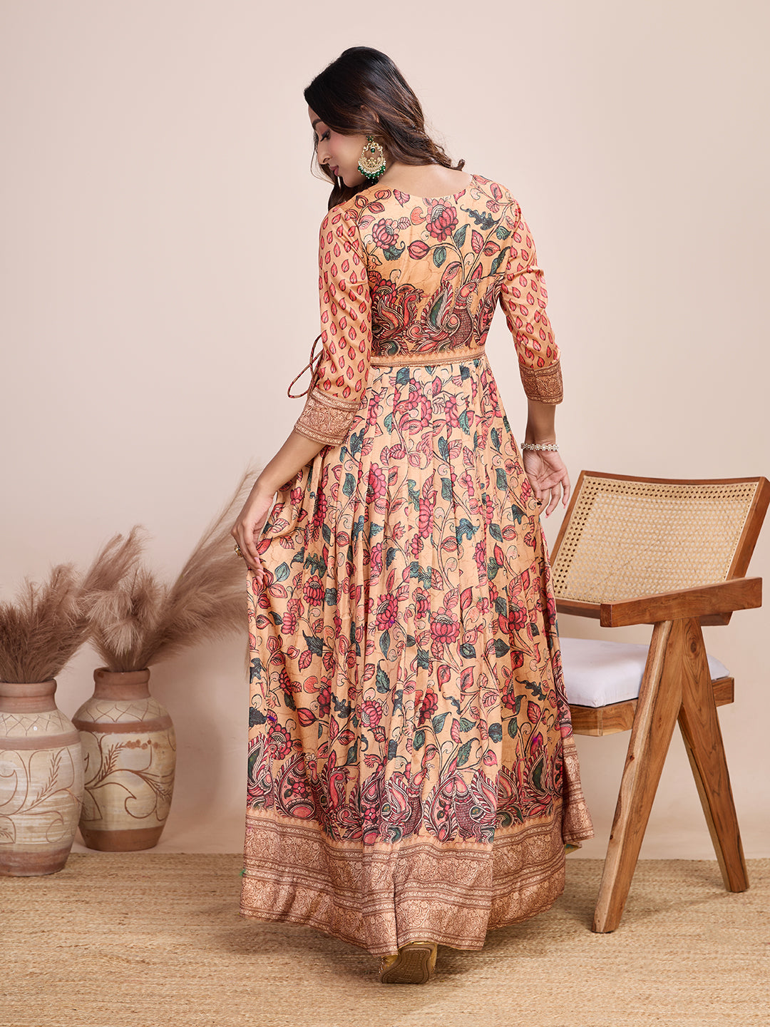 Mustard Yellow Kalamkari Floral Print Silk Blend Anarkali Gown with Delicate Border