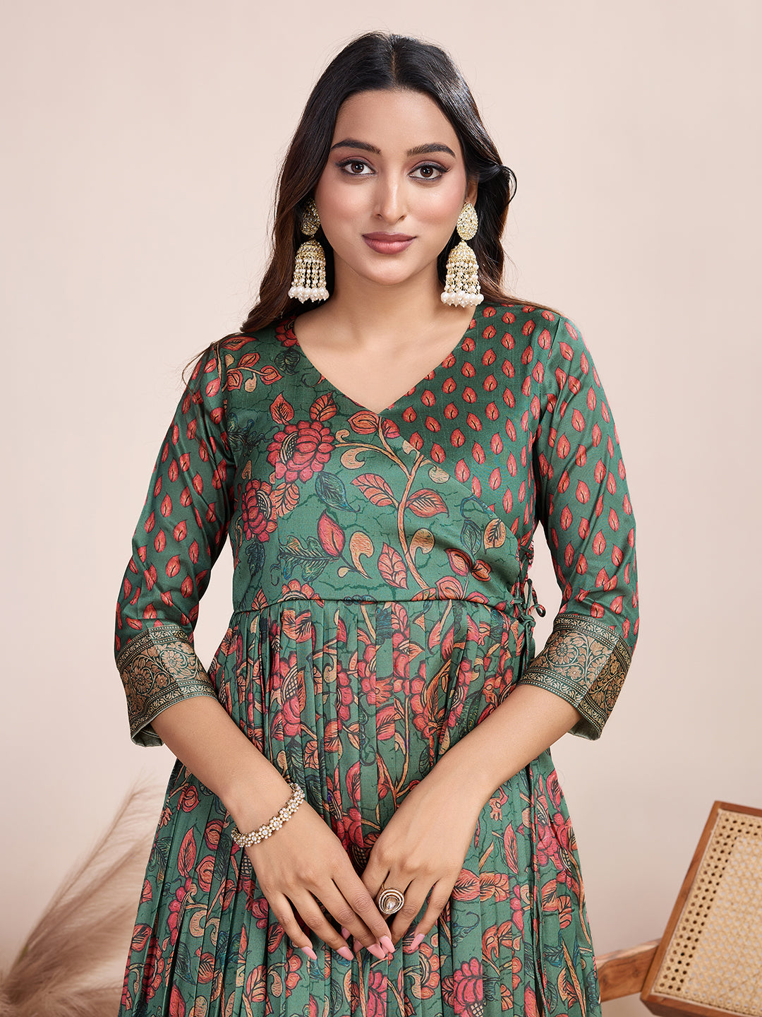 Teal Green Kalamkari Floral Print Silk Blend Anarkali Gown with Delicate Border