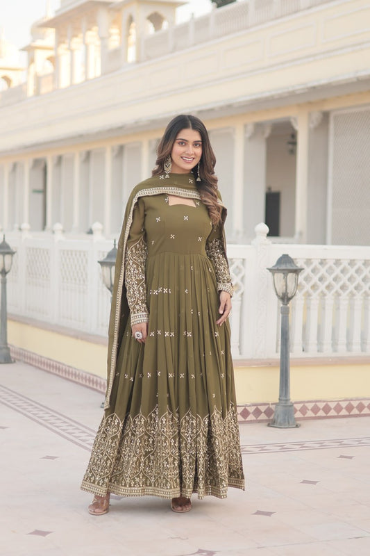 Mehendi Colour Faux Georgette With Sequins Embroidered Work Gown With Dupatta