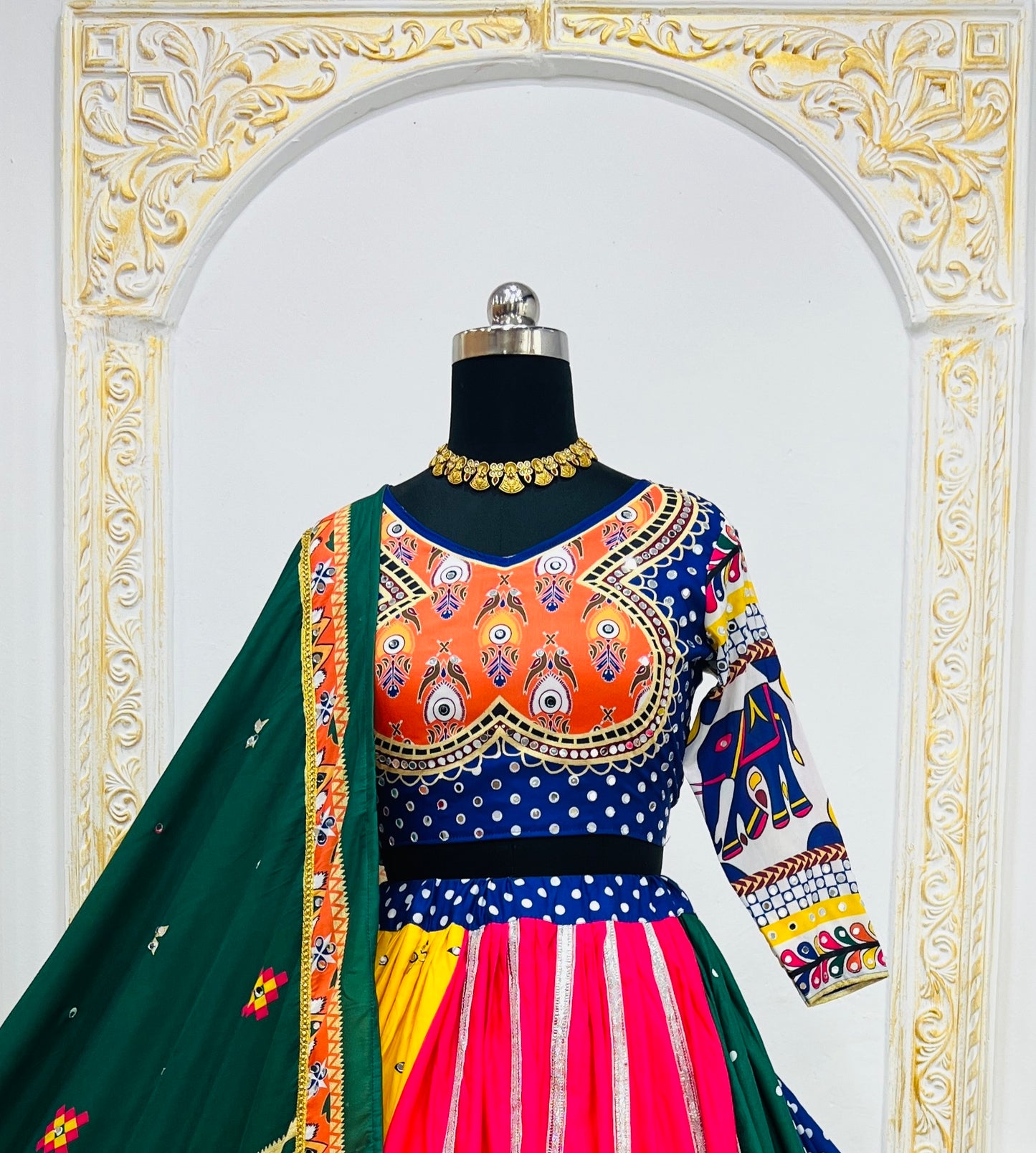 Multicolor Digital Print Real Mirror Work Navratri Lehenga Choli