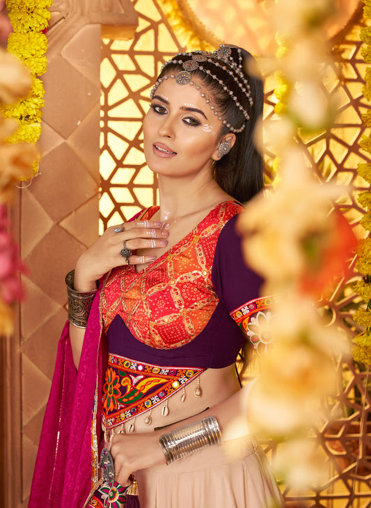 Designer Beige Ready to Wear Viscose Rayon Premium Navratri Lehenga Choli