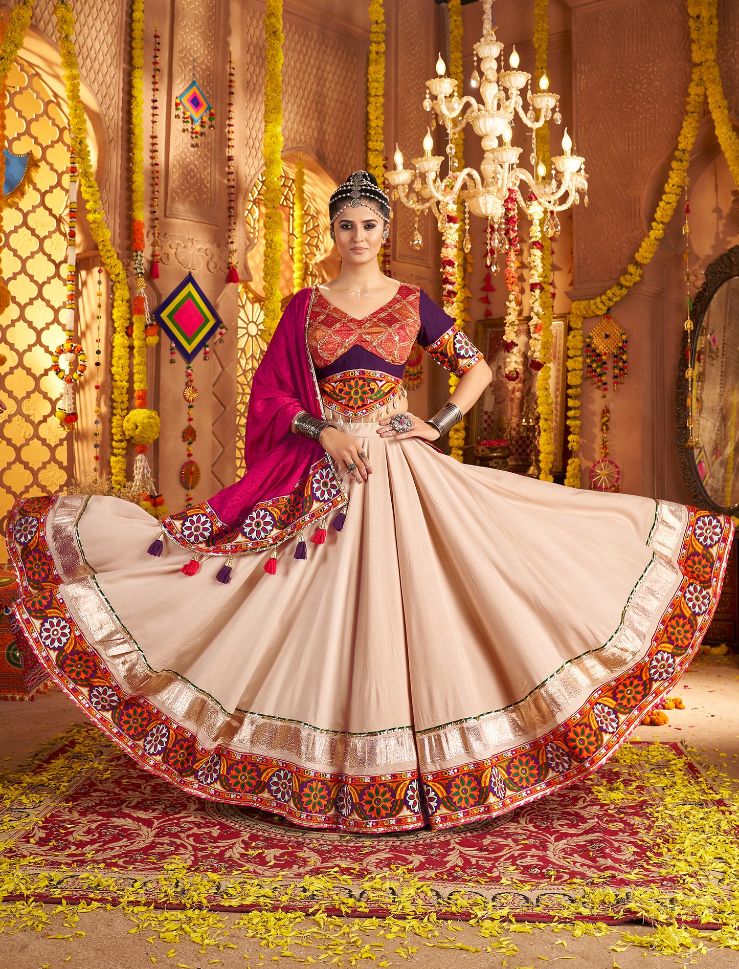 Designer Beige Ready to Wear Viscose Rayon Premium Navratri Lehenga Choli