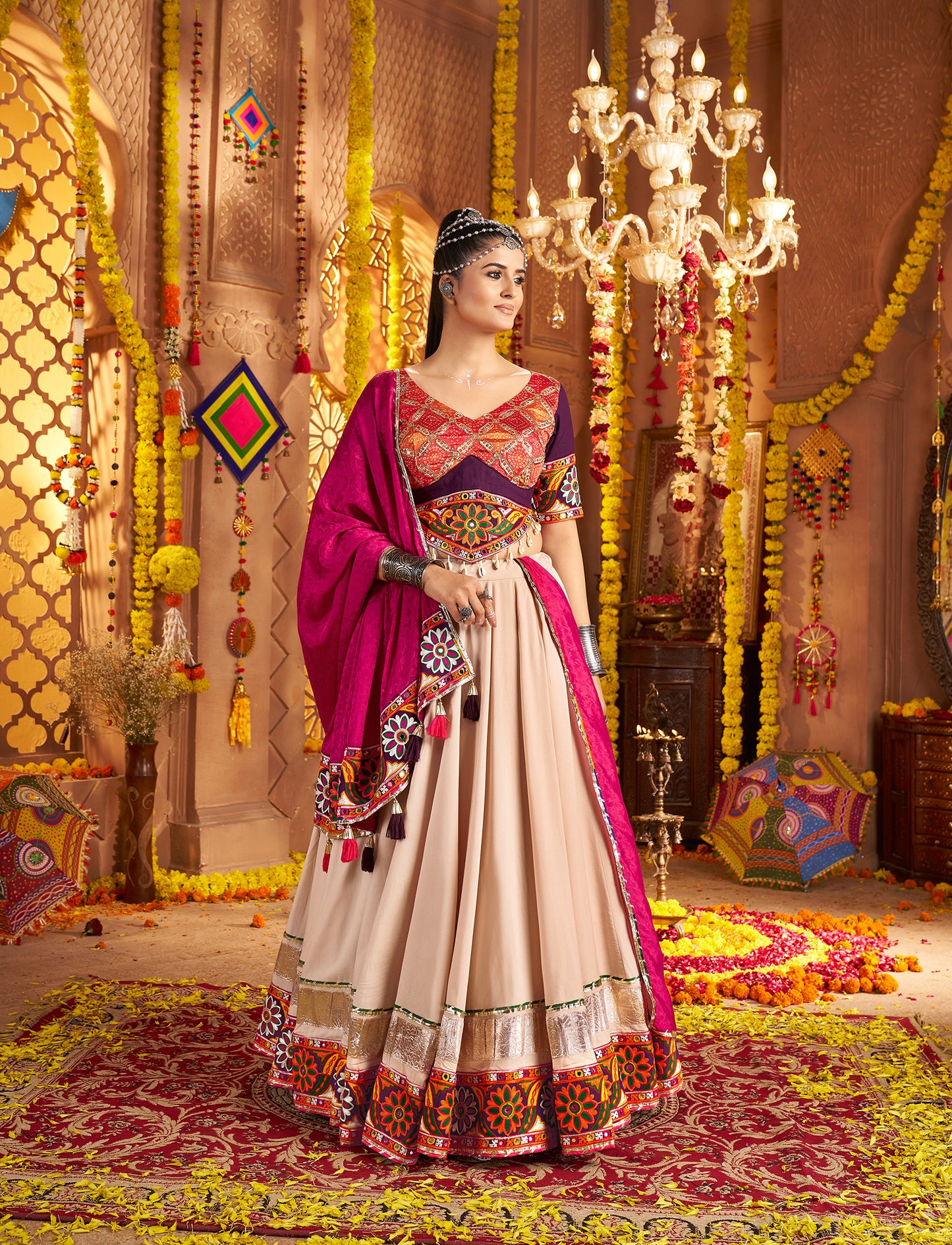 Designer Beige Ready to Wear Viscose Rayon Premium Navratri Lehenga Choli
