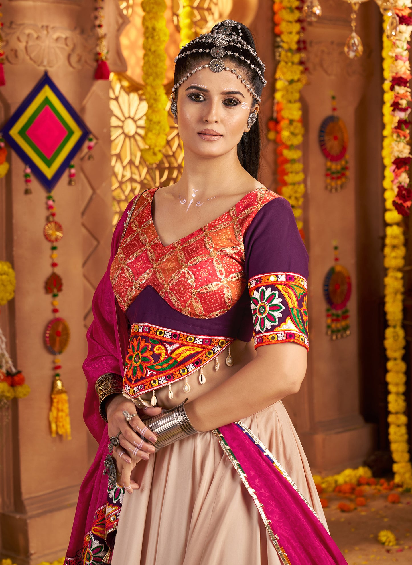 Designer Beige Ready to Wear Viscose Rayon Premium Navratri Lehenga Choli