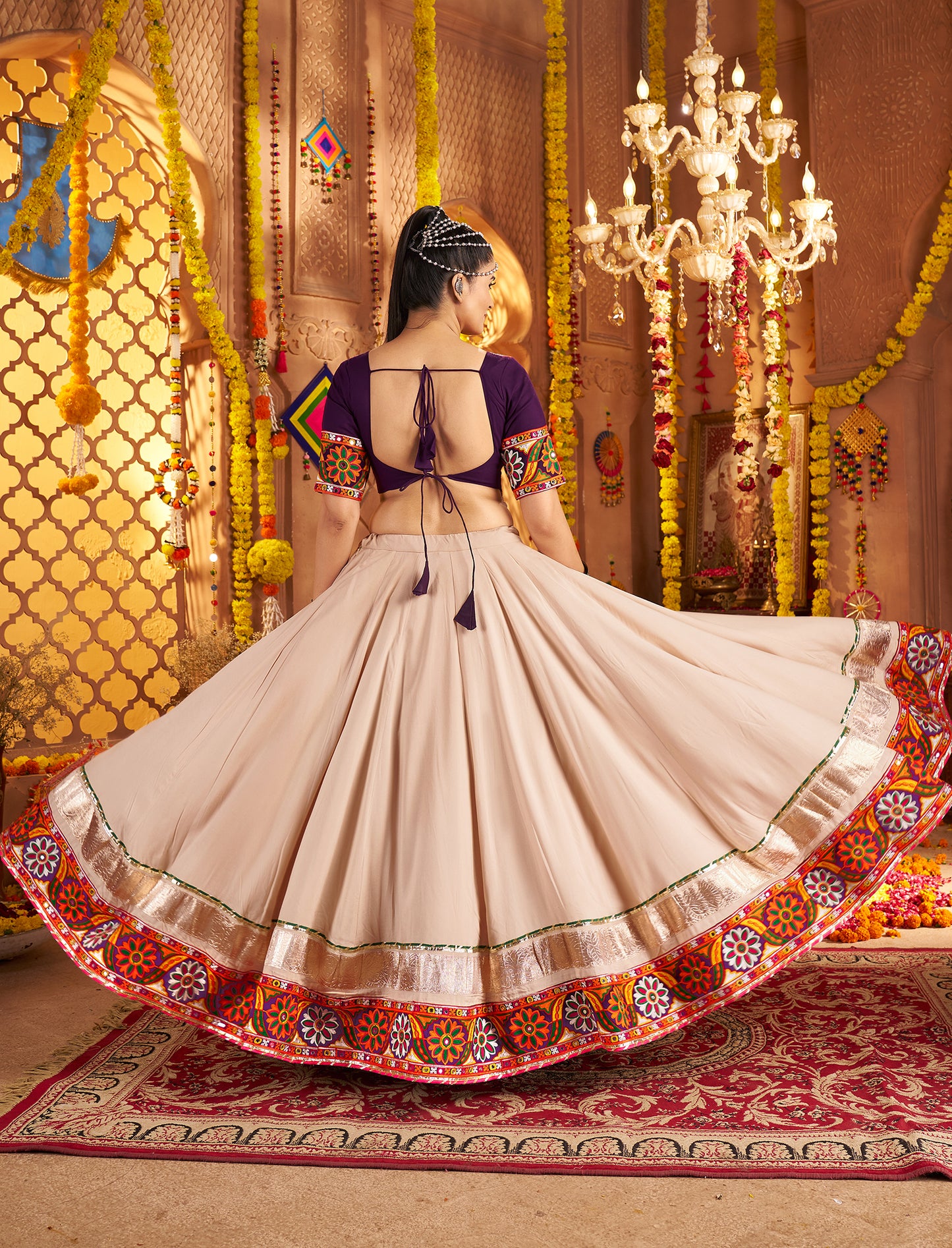 Designer Beige Ready to Wear Viscose Rayon Premium Navratri Lehenga Choli
