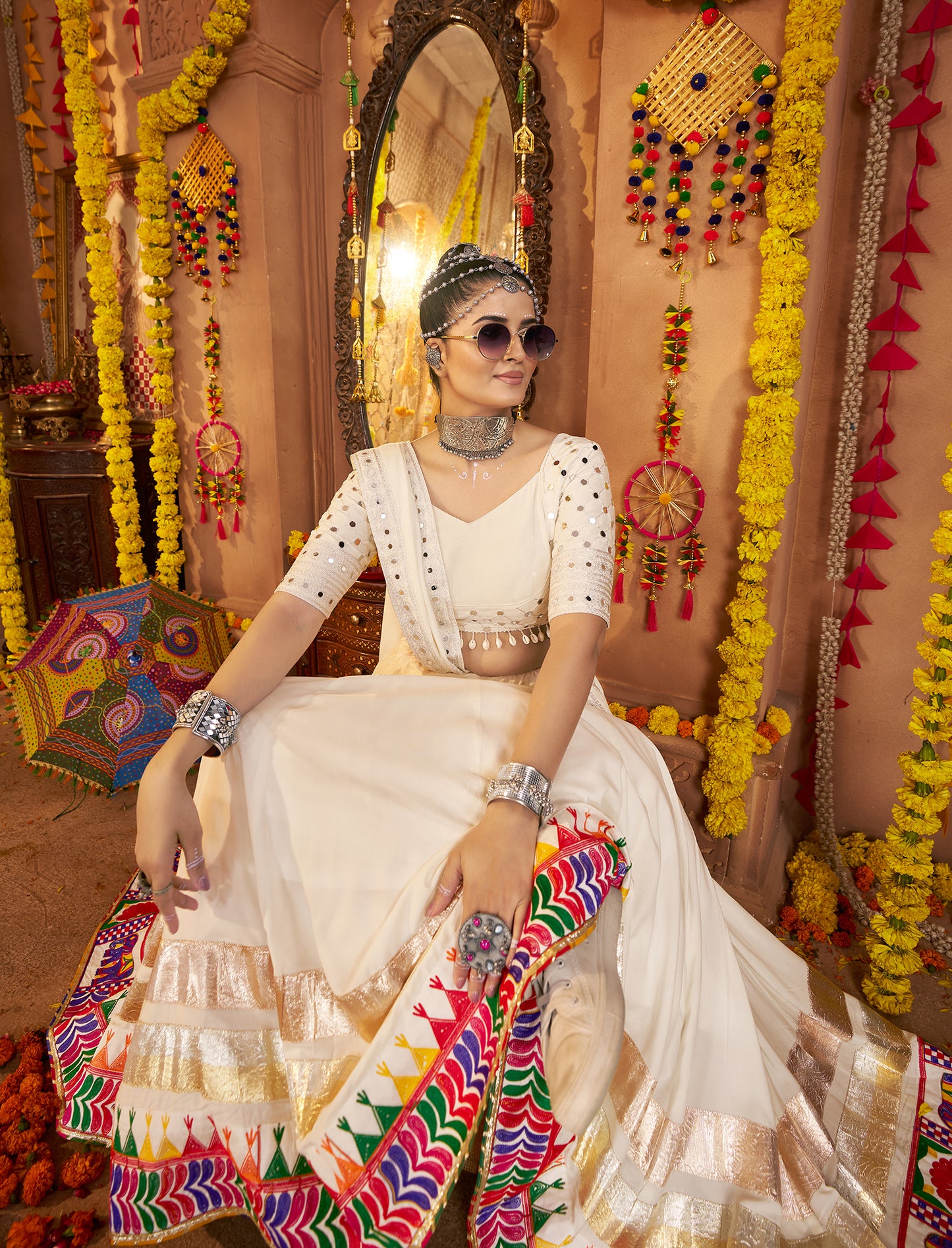 Traditional White Viscose Rayon Premium Navratri Lehenga Choli