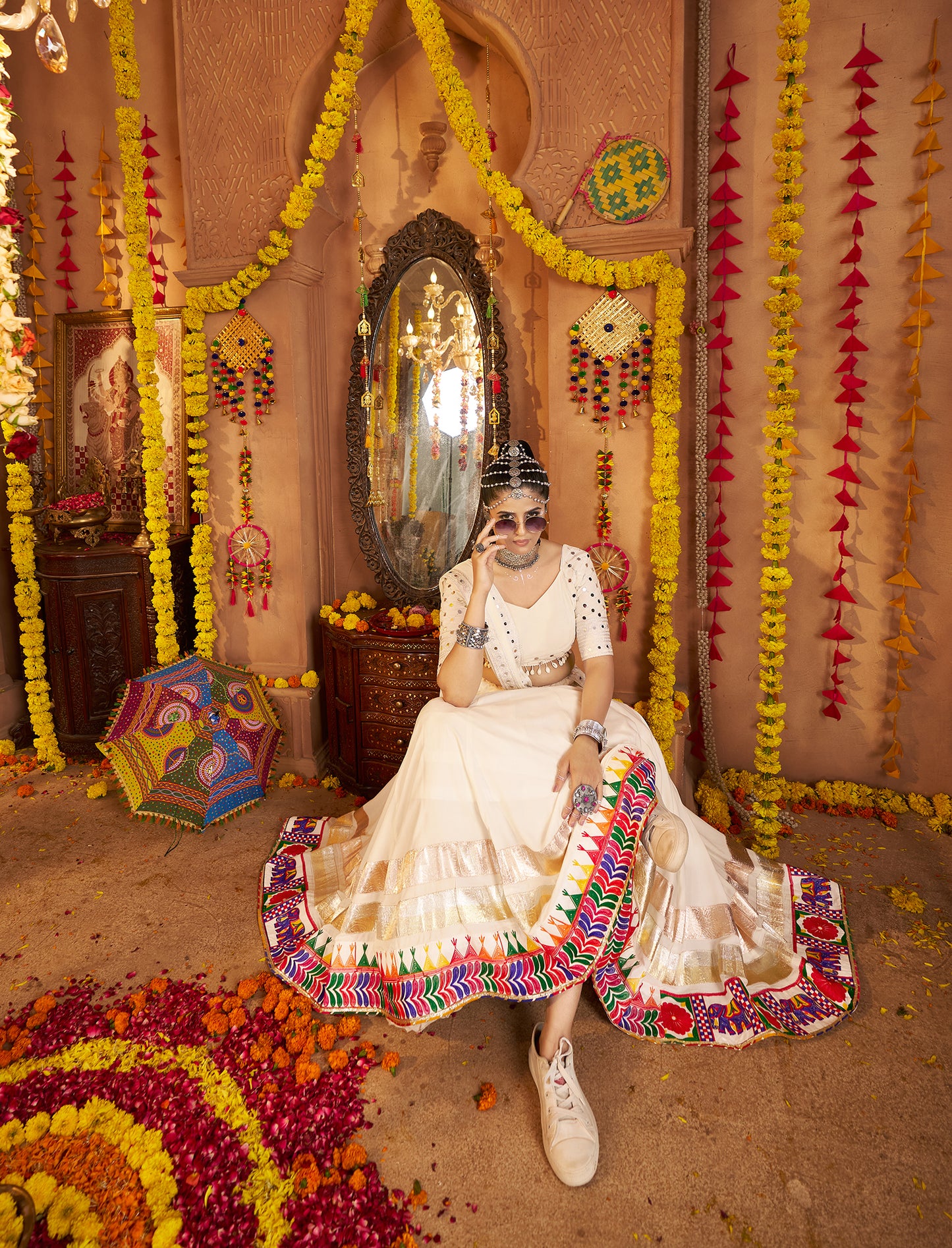 Traditional White Viscose Rayon Premium Navratri Lehenga Choli