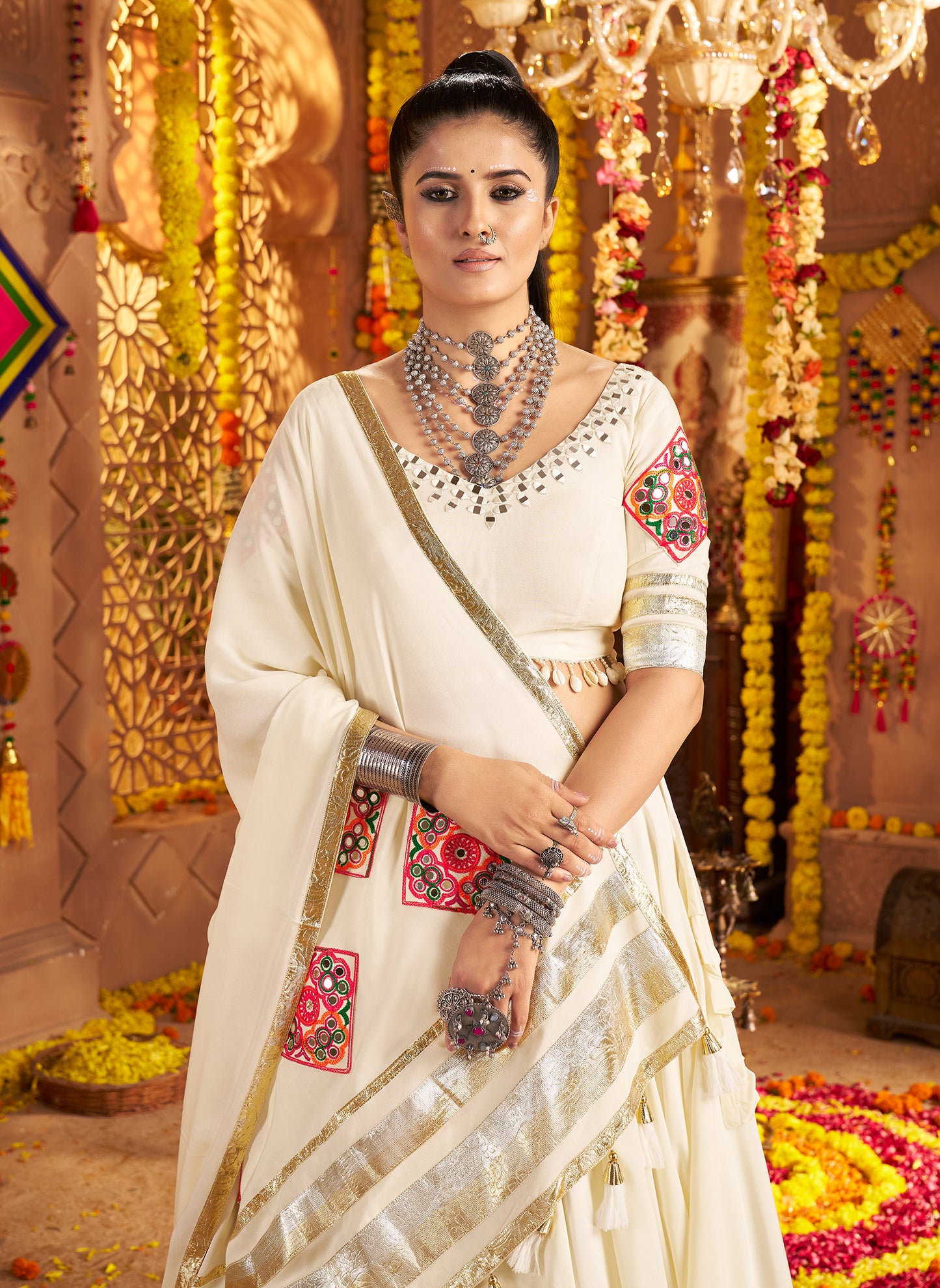 White Traditional Viscose Rayon Premium Navratri Lehenga Choli