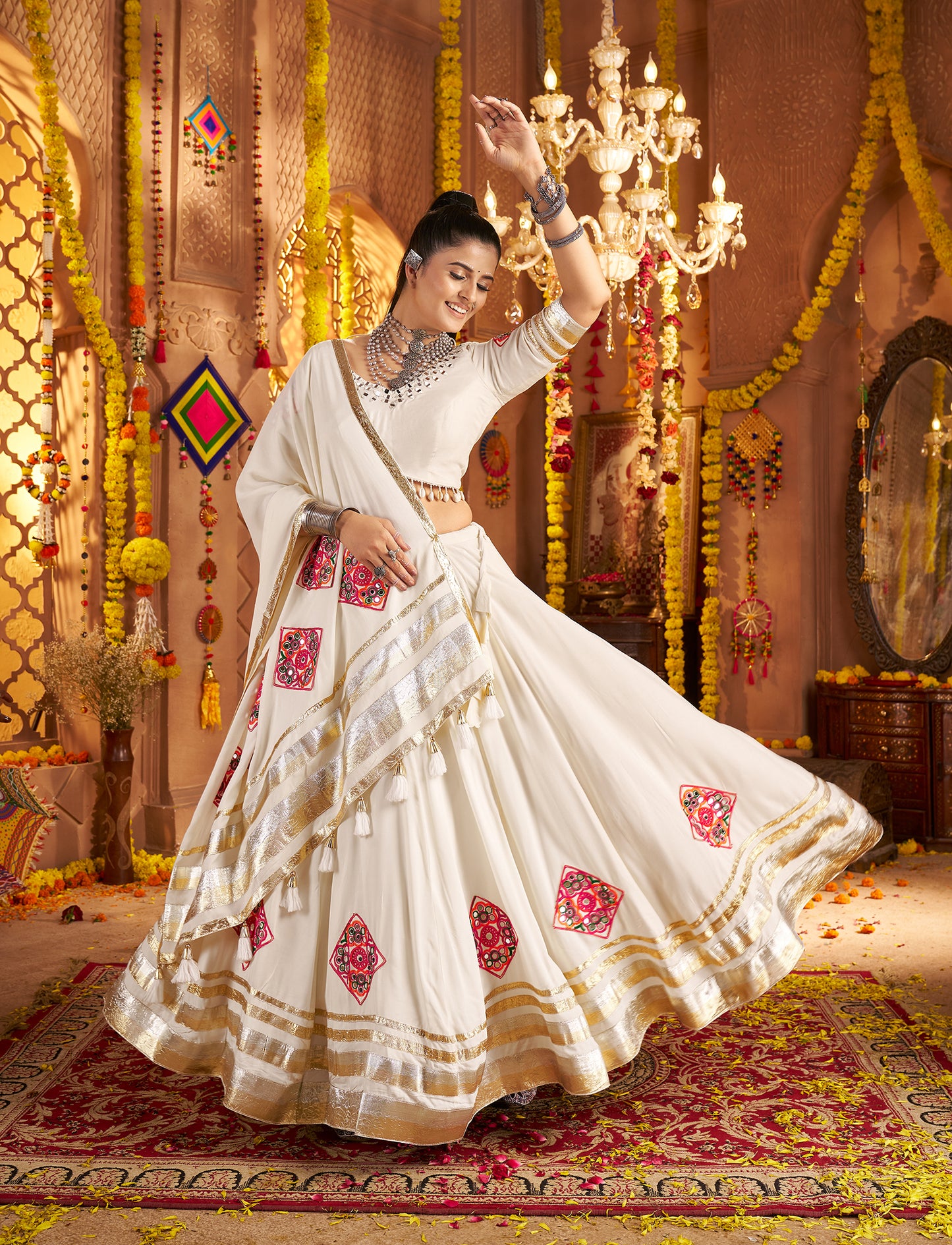 White Traditional Viscose Rayon Premium Navratri Lehenga Choli