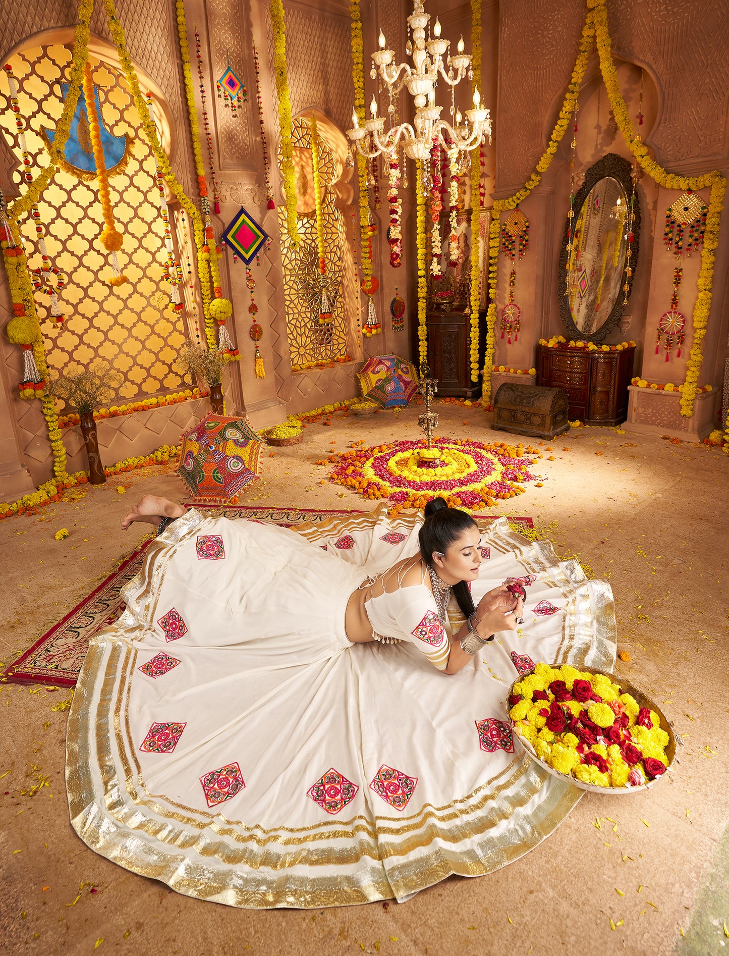 White Traditional Viscose Rayon Premium Navratri Lehenga Choli