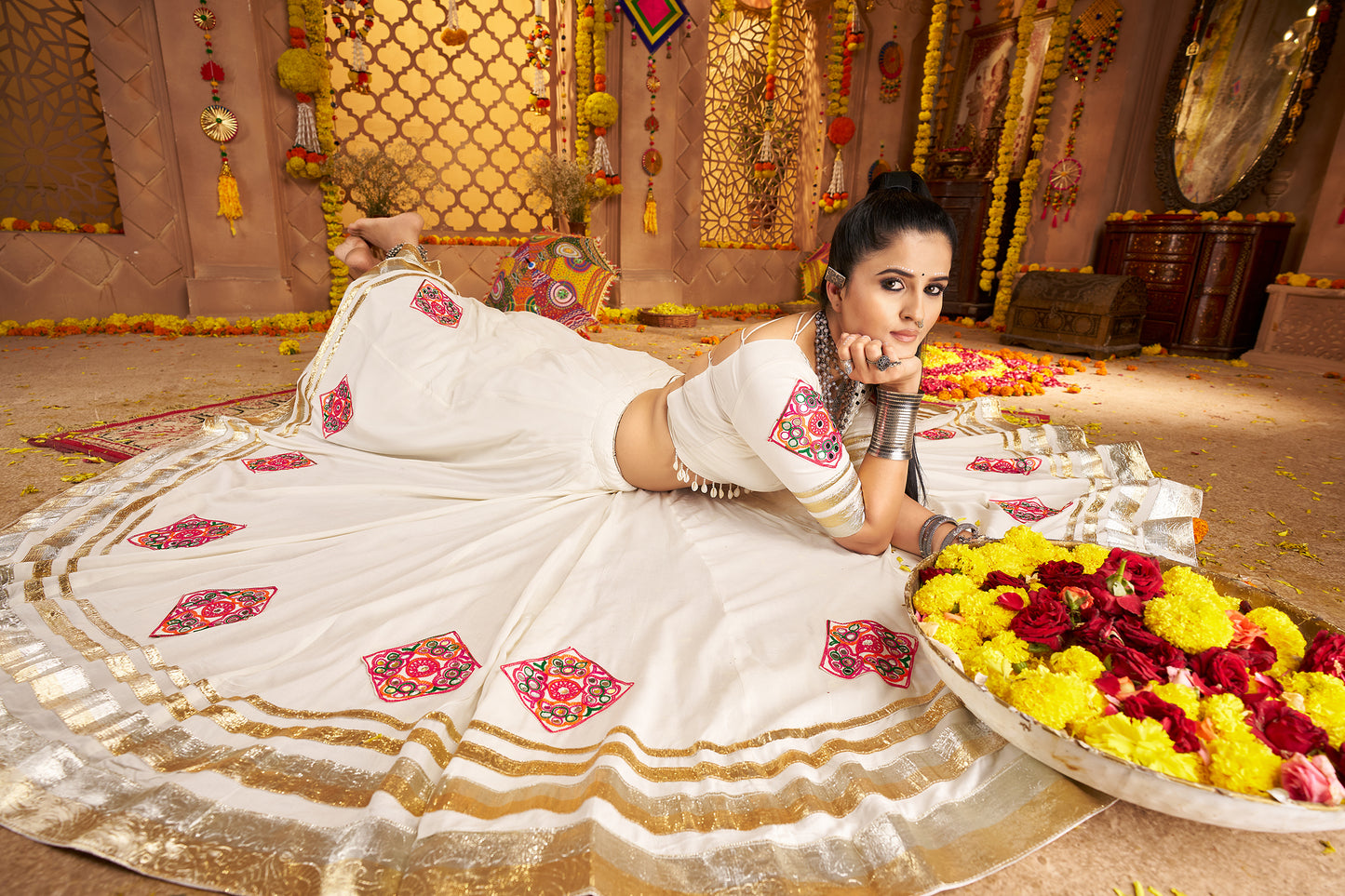 White Traditional Viscose Rayon Premium Navratri Lehenga Choli