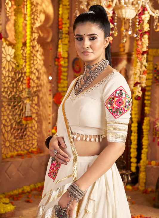 White Traditional Viscose Rayon Premium Navratri Lehenga Choli
