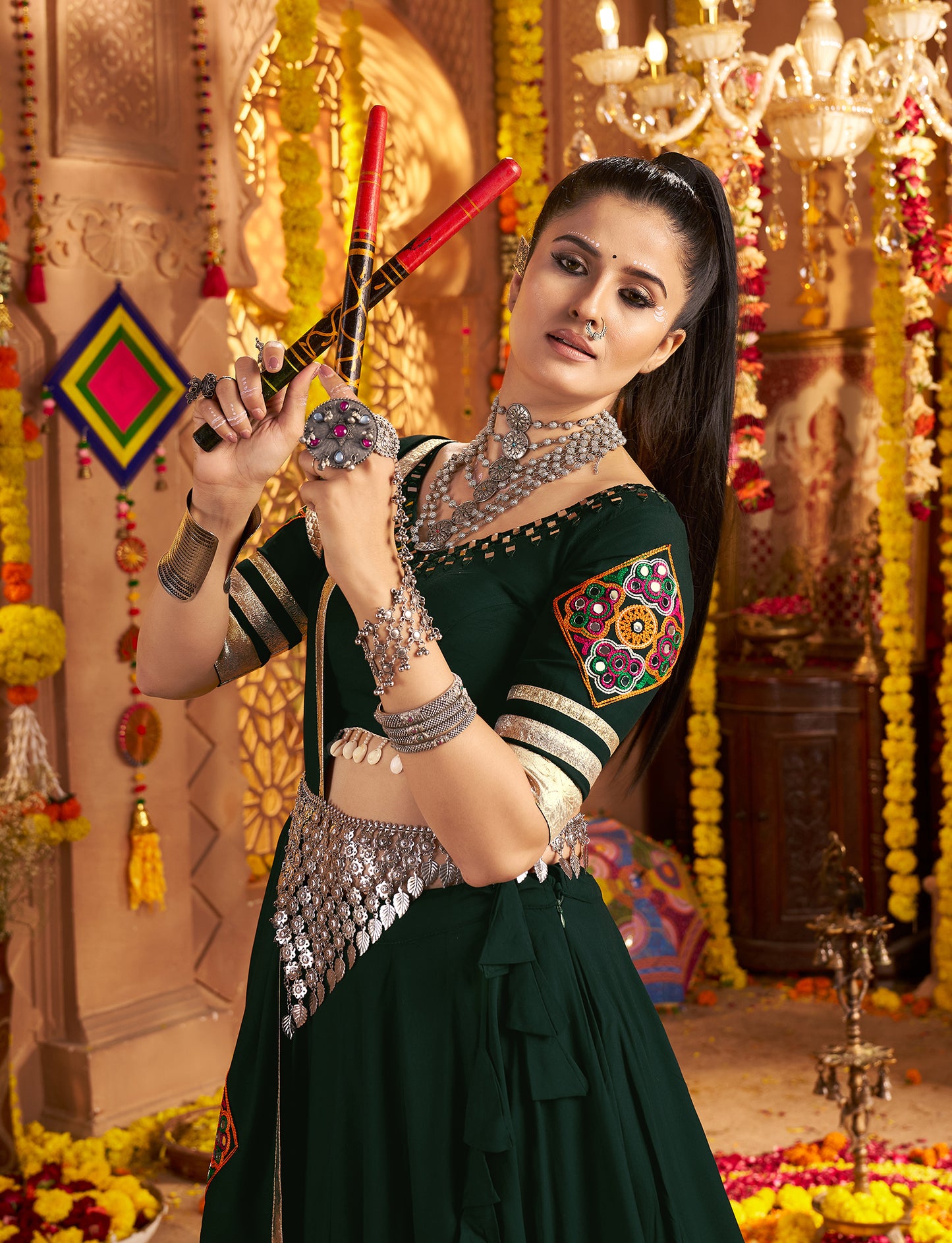 Green Traditional Viscose Rayon Premium Navratri Lehenga Choli
