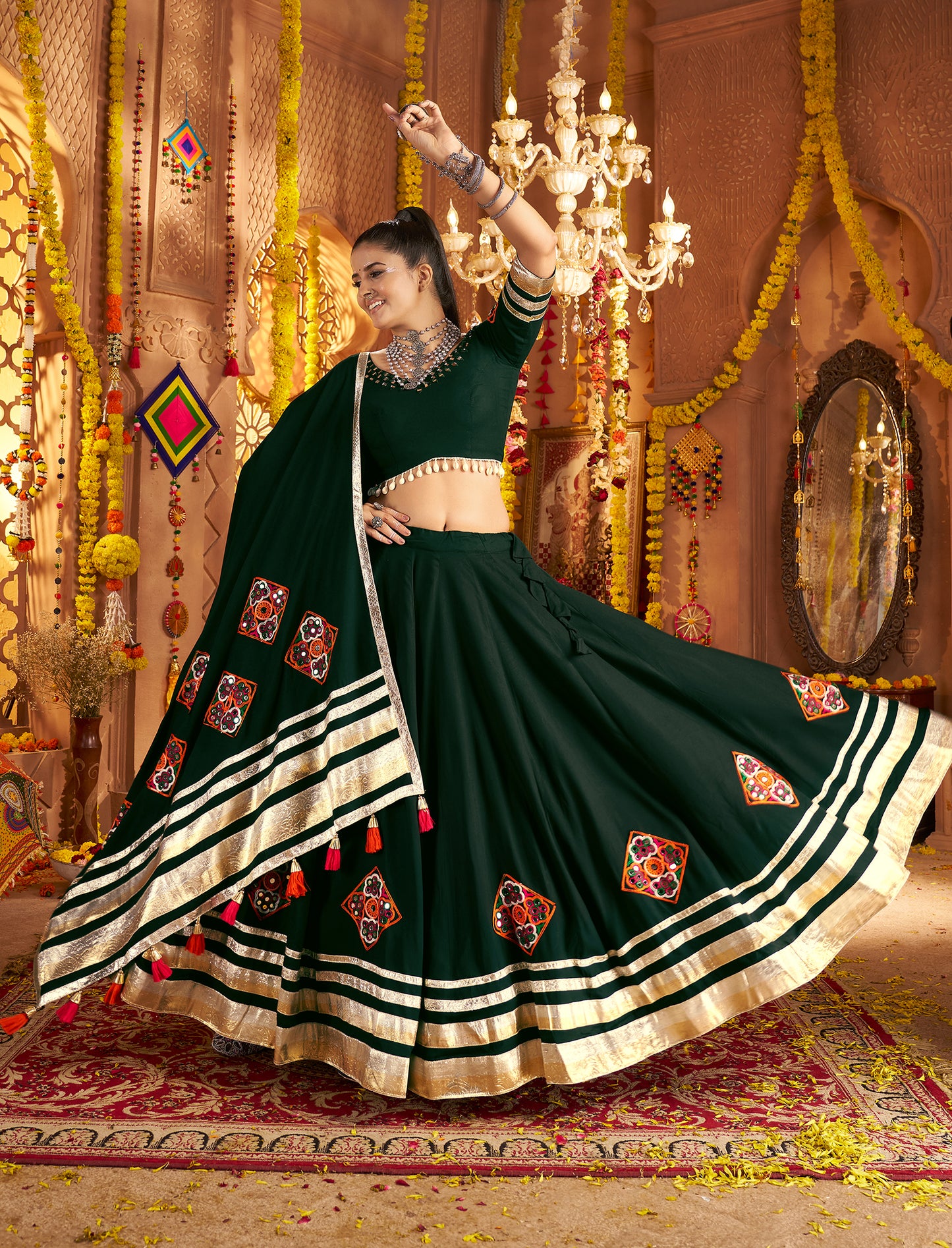 Green Traditional Viscose Rayon Premium Navratri Lehenga Choli