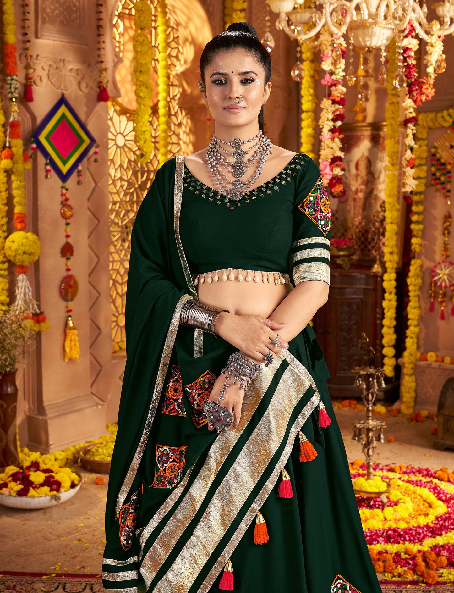 Green Traditional Viscose Rayon Premium Navratri Lehenga Choli