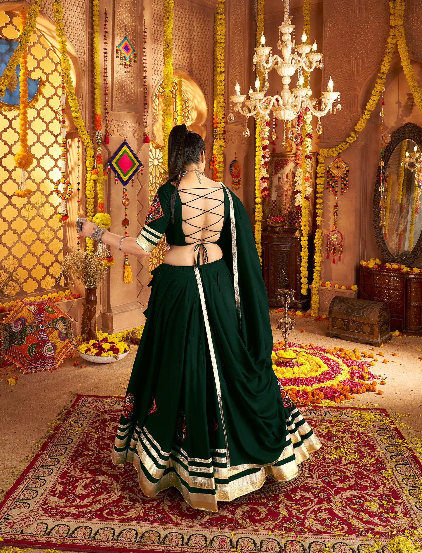 Green Traditional Viscose Rayon Premium Navratri Lehenga Choli