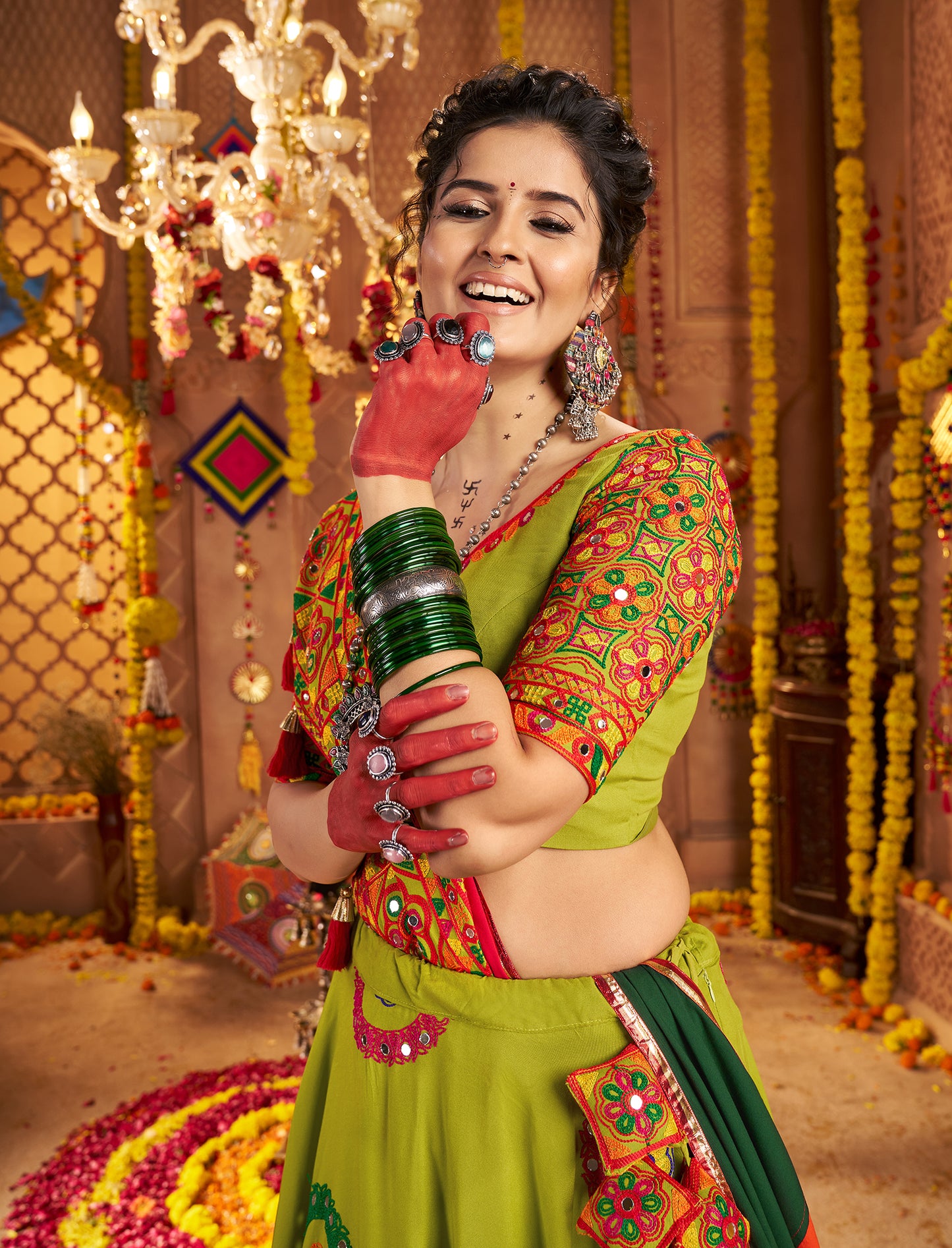 Vibrant Green Viscose Cotton Premium Navratri Lehenga Choli