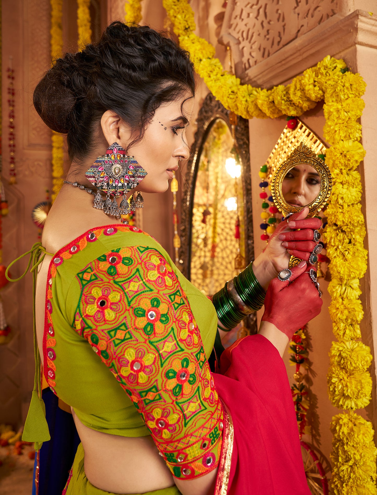 Vibrant Green Viscose Cotton Premium Navratri Lehenga Choli