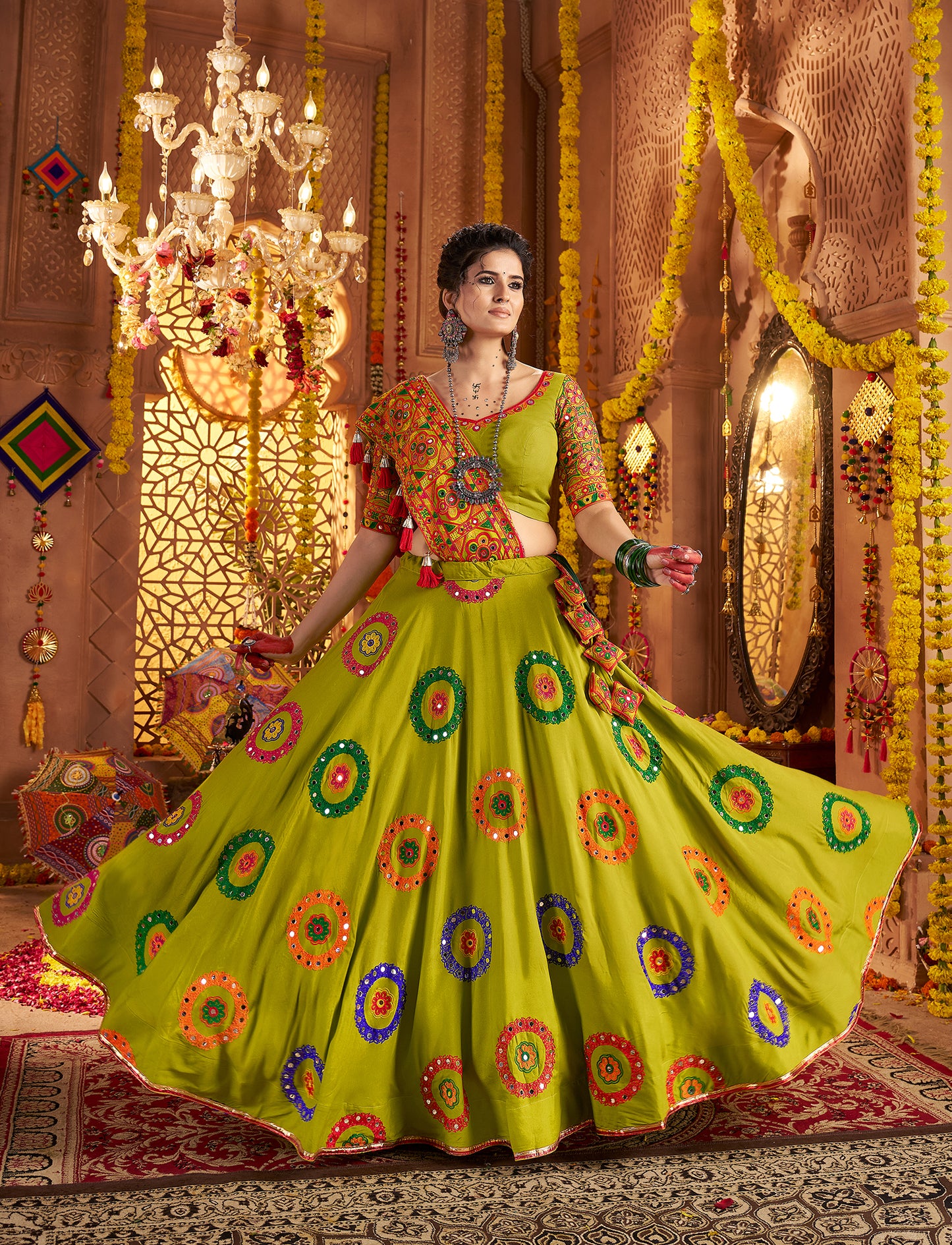 Vibrant Green Viscose Cotton Premium Navratri Lehenga Choli