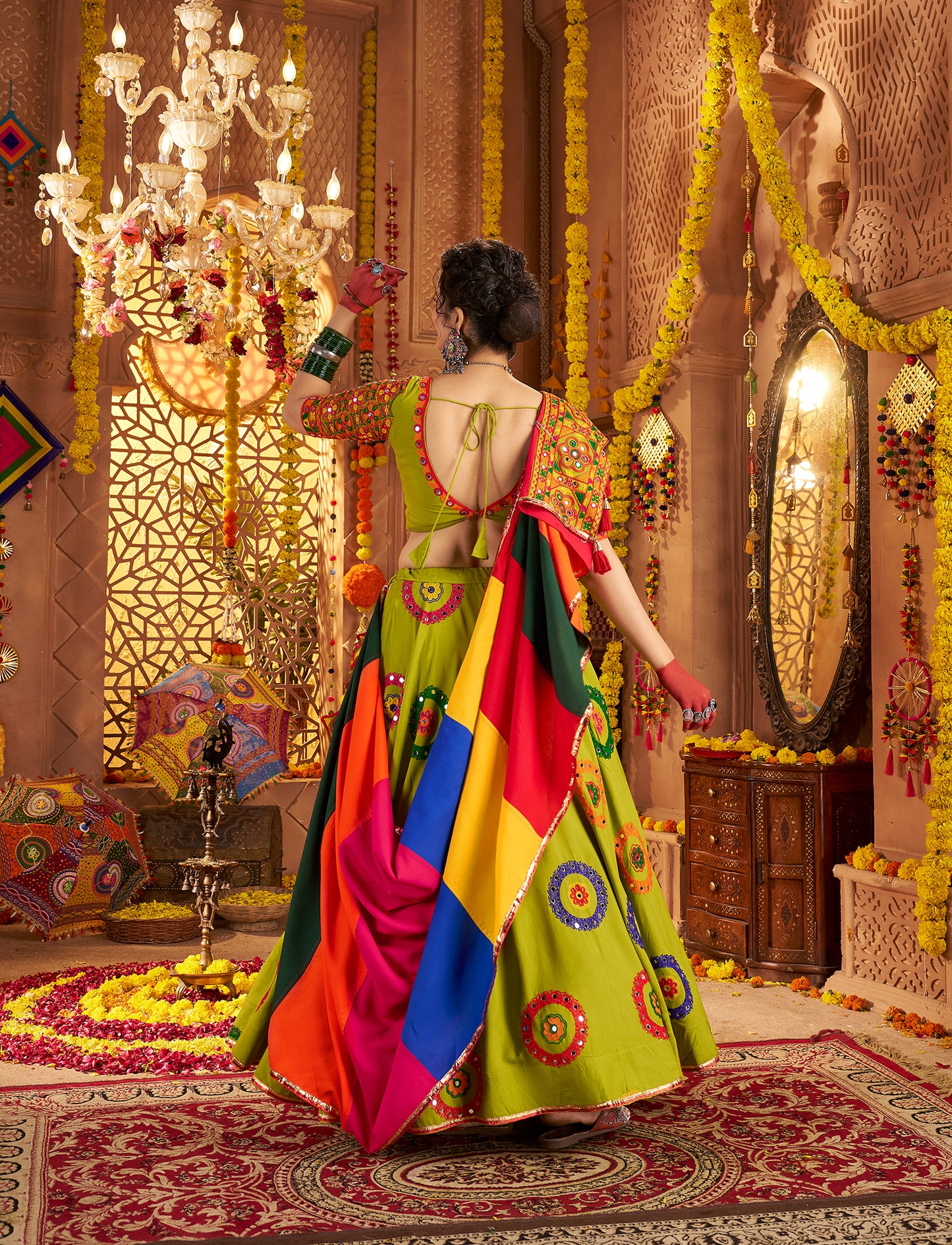 Vibrant Green Viscose Cotton Premium Navratri Lehenga Choli