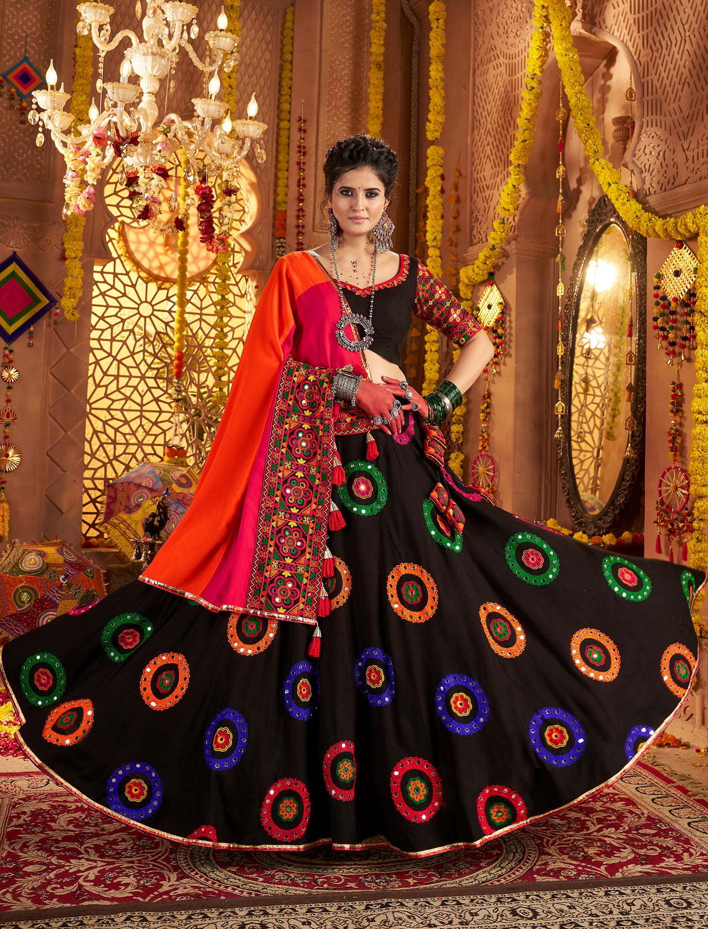 Black Color Traditional Viscose Cotton Premium Navratri Lehenga Choli
