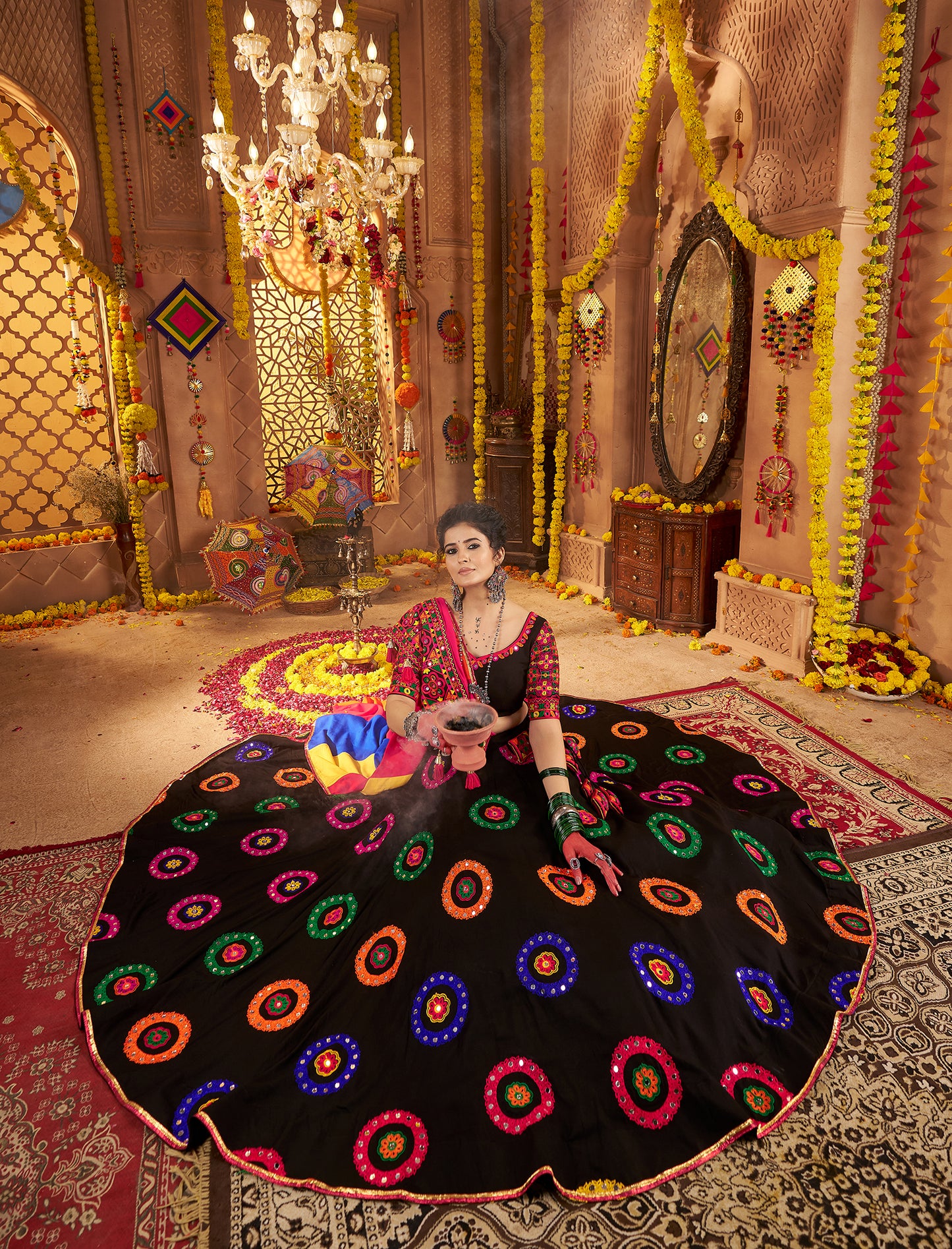 Black Color Traditional Viscose Cotton Premium Navratri Lehenga Choli