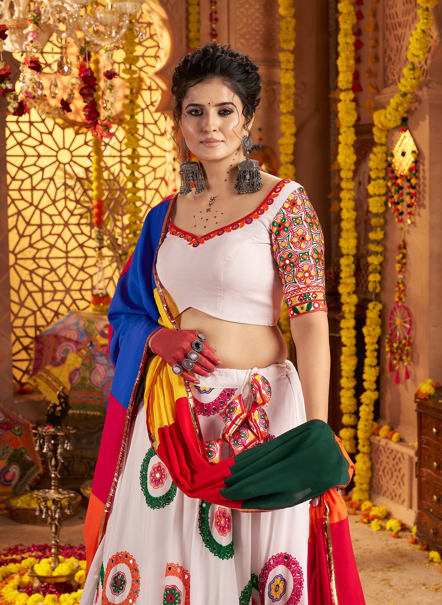 White Traditional Viscose Cotton Premium Navratri Lehenga Choli