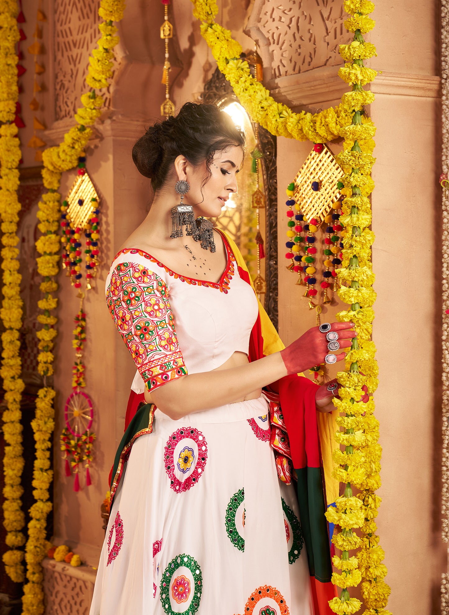 White Traditional Viscose Cotton Premium Navratri Lehenga Choli