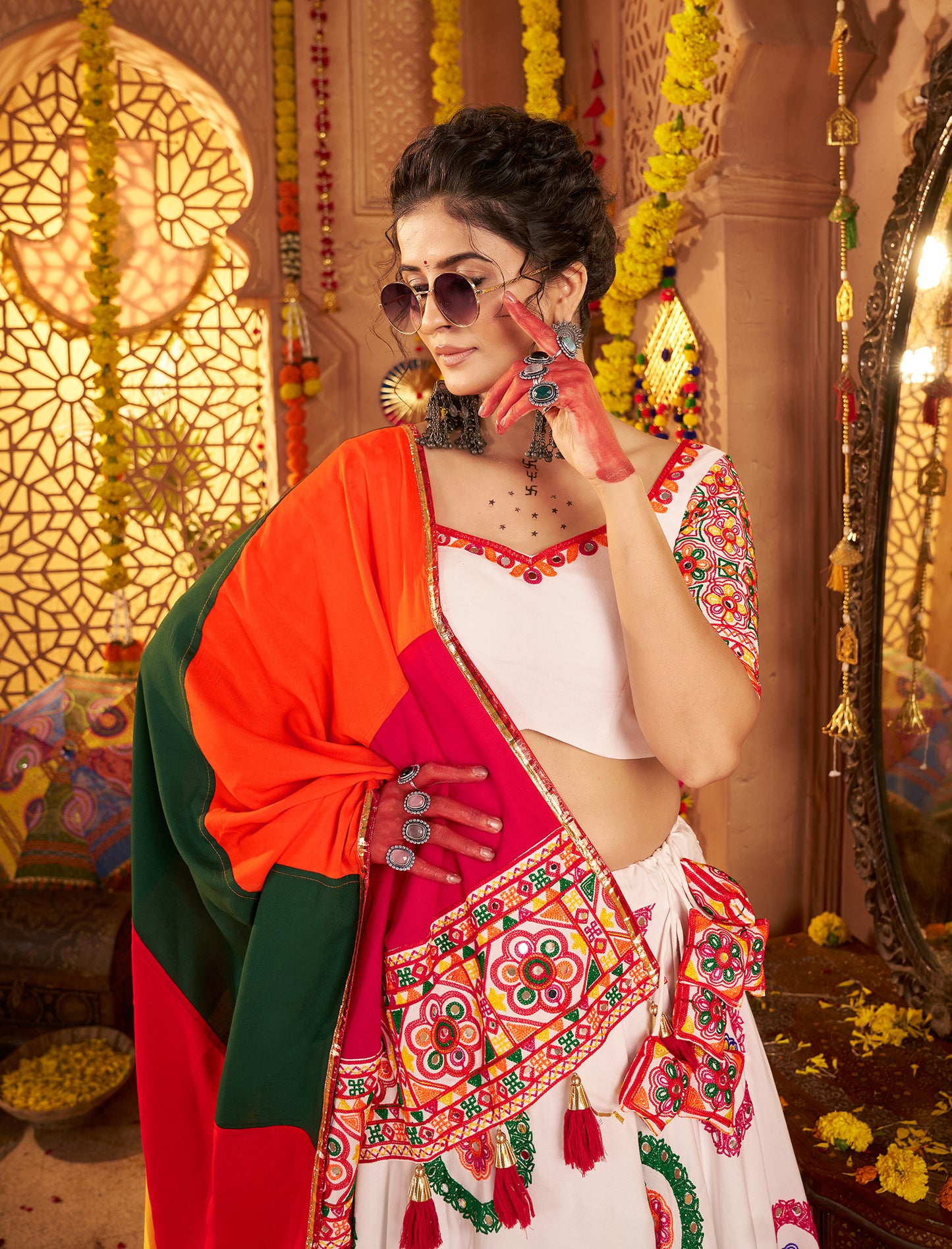 White Traditional Viscose Cotton Premium Navratri Lehenga Choli