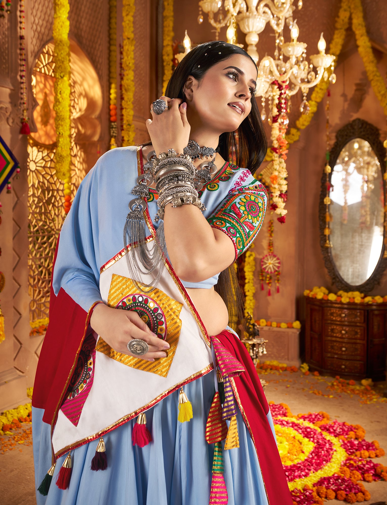 Light Blue Viscose Cotton Premium Navratri Lehenga Choli