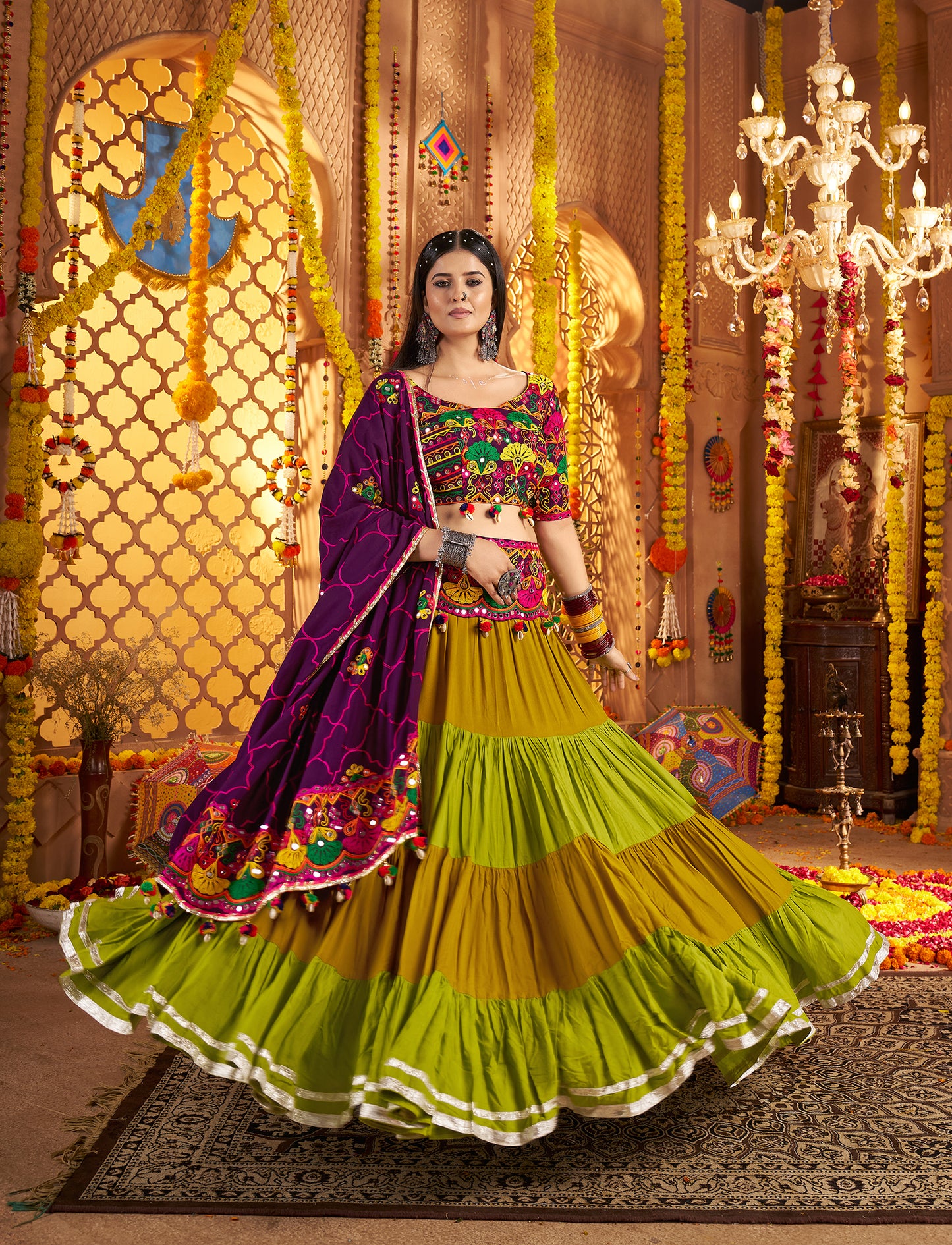 Multi Color Traditional Viscose Cotton Premium Navratri Lehenga Choli